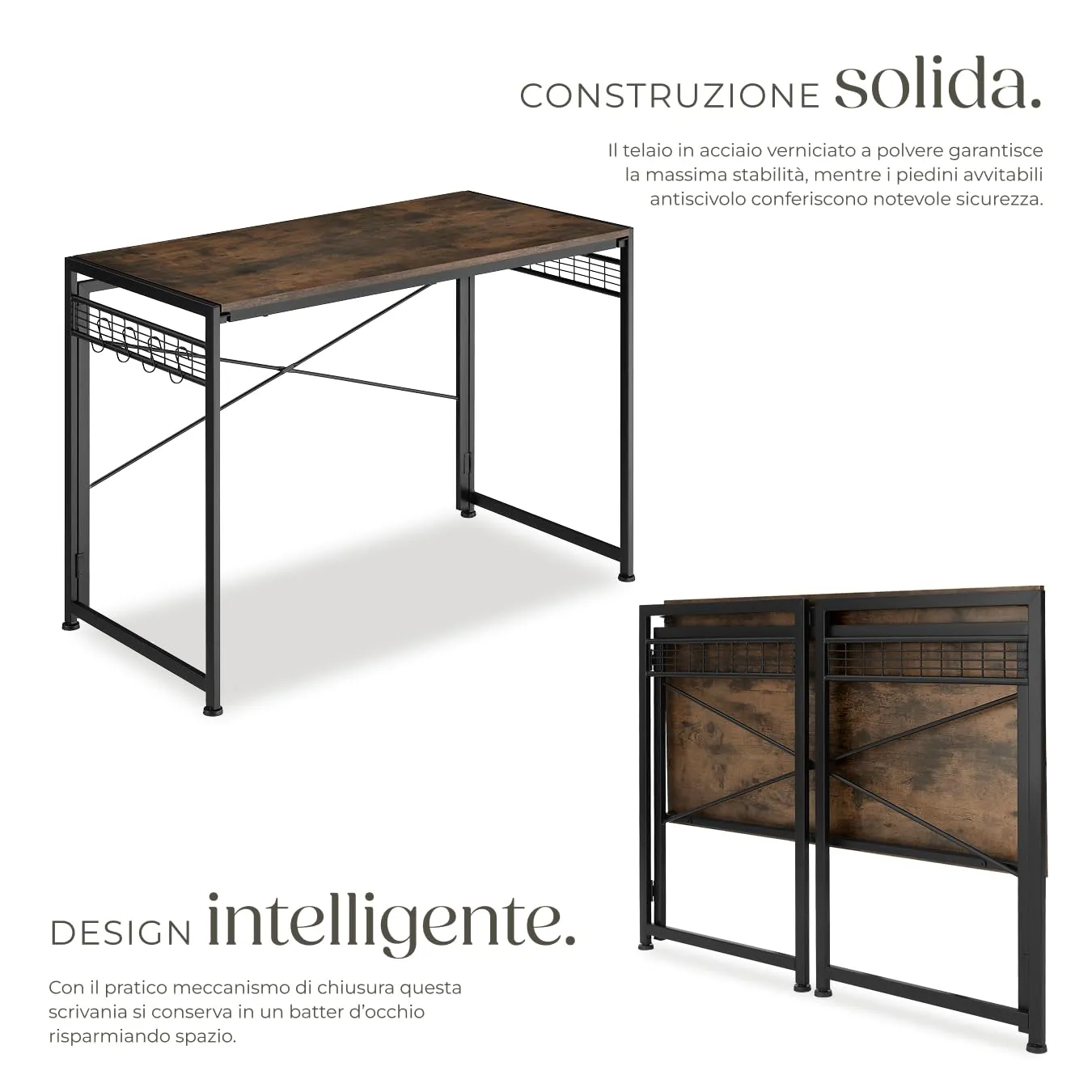 tectake Scrivania Pieghevole Industriale, Regolabile in Altezza, Telaio in Acciaio e Superfici in Reticolato, 102 x 51 x 77 cm, Industriale Scuro - immagine 3