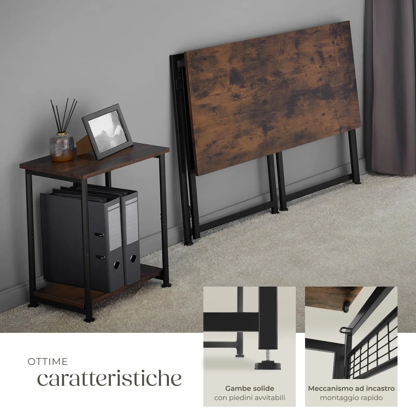 tectake Scrivania Pieghevole Industriale, Regolabile in Altezza, Telaio in Acciaio e Superfici in Reticolato, 102 x 51 x 77 cm, Industriale Scuro - immagine 4