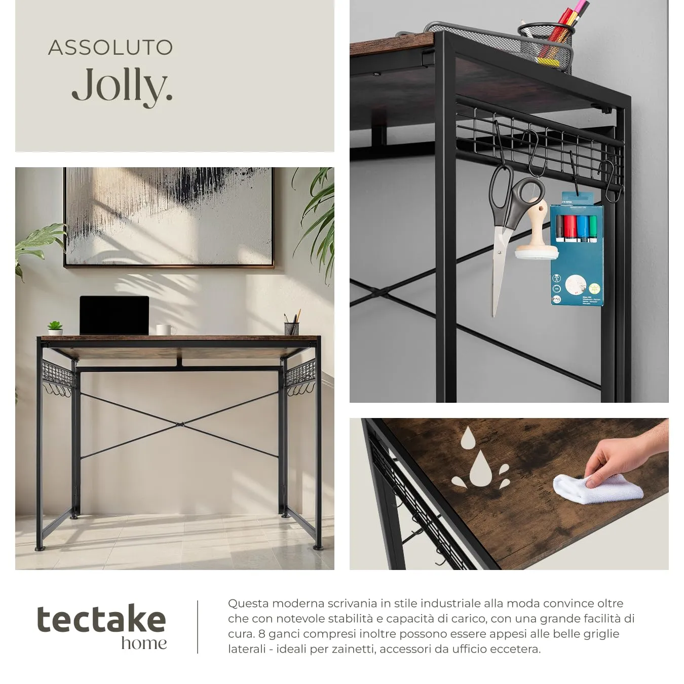 tectake Scrivania Pieghevole Industriale, Regolabile in Altezza, Telaio in Acciaio e Superfici in Reticolato, 102 x 51 x 77 cm, Industriale Scuro - immagine 5