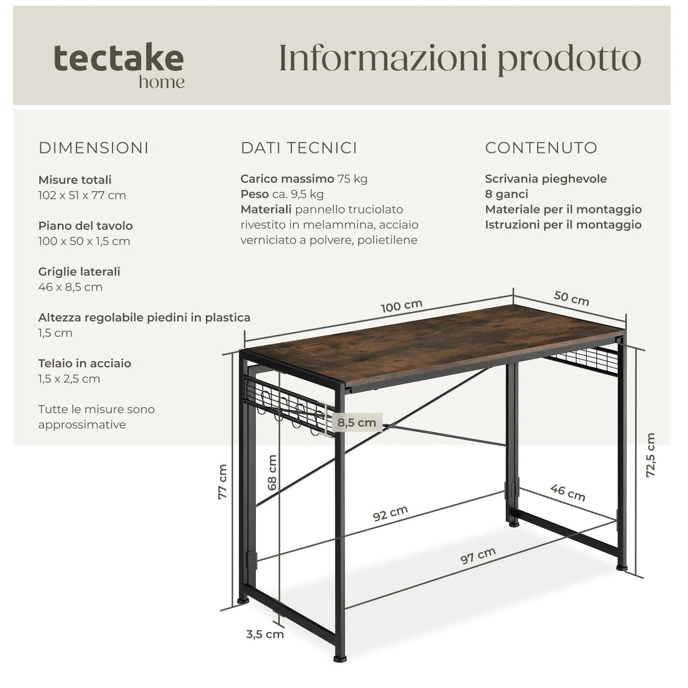 tectake Scrivania Pieghevole Industriale, Regolabile in Altezza, Telaio in Acciaio e Superfici in Reticolato, 102 x 51 x 77 cm, Industriale Scuro - immagine 6