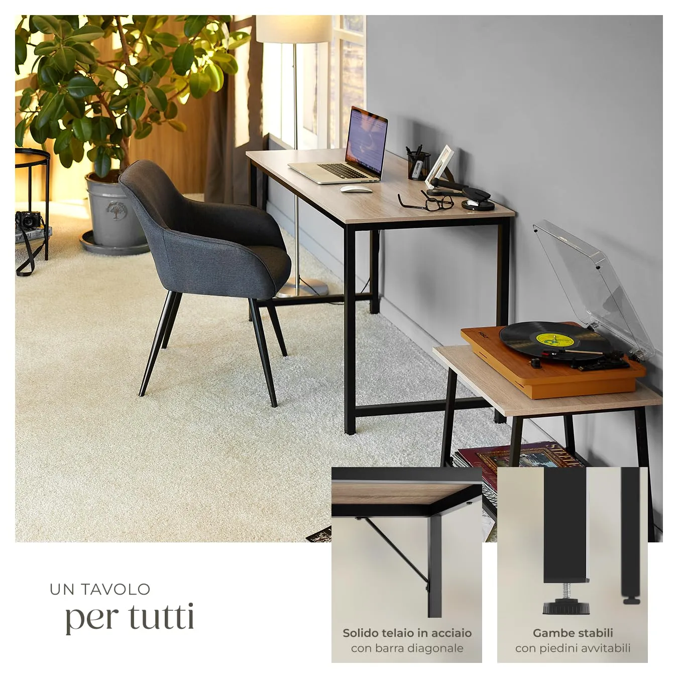 tectake Scrivania Moderna Regolabile in Altezza Design Industriale in Legno e Acciaio, 140x60x75,5 cm, Industriale Chiaro - immagine 4