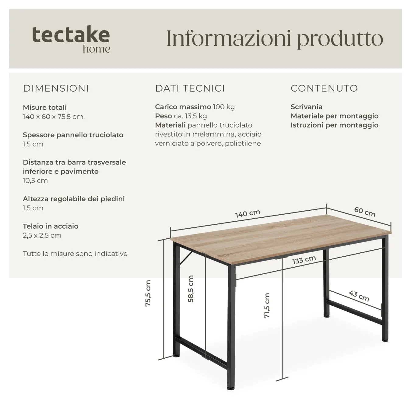 tectake Scrivania Moderna Regolabile in Altezza Design Industriale in Legno e Acciaio, 140x60x75,5 cm, Industriale Chiaro - immagine 6