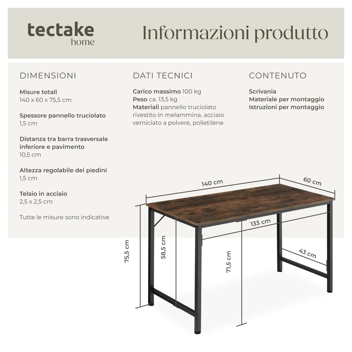 tectake Scrivania Moderna Regolabile in Altezza Design Industriale, Legno e Acciaio, 140x60x75,5 cm, Industriale Scuro - immagine 6