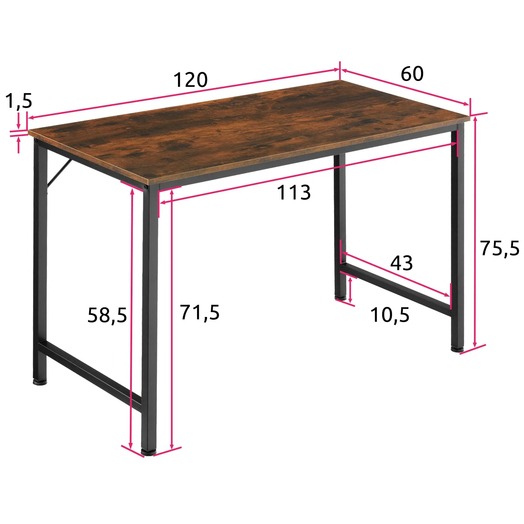 tectake Scrivania Moderna Industriale in Legno e Acciaio, Regolabile in Altezza, 120x60x75,5 cm, Industriale Scuro - immagine 5