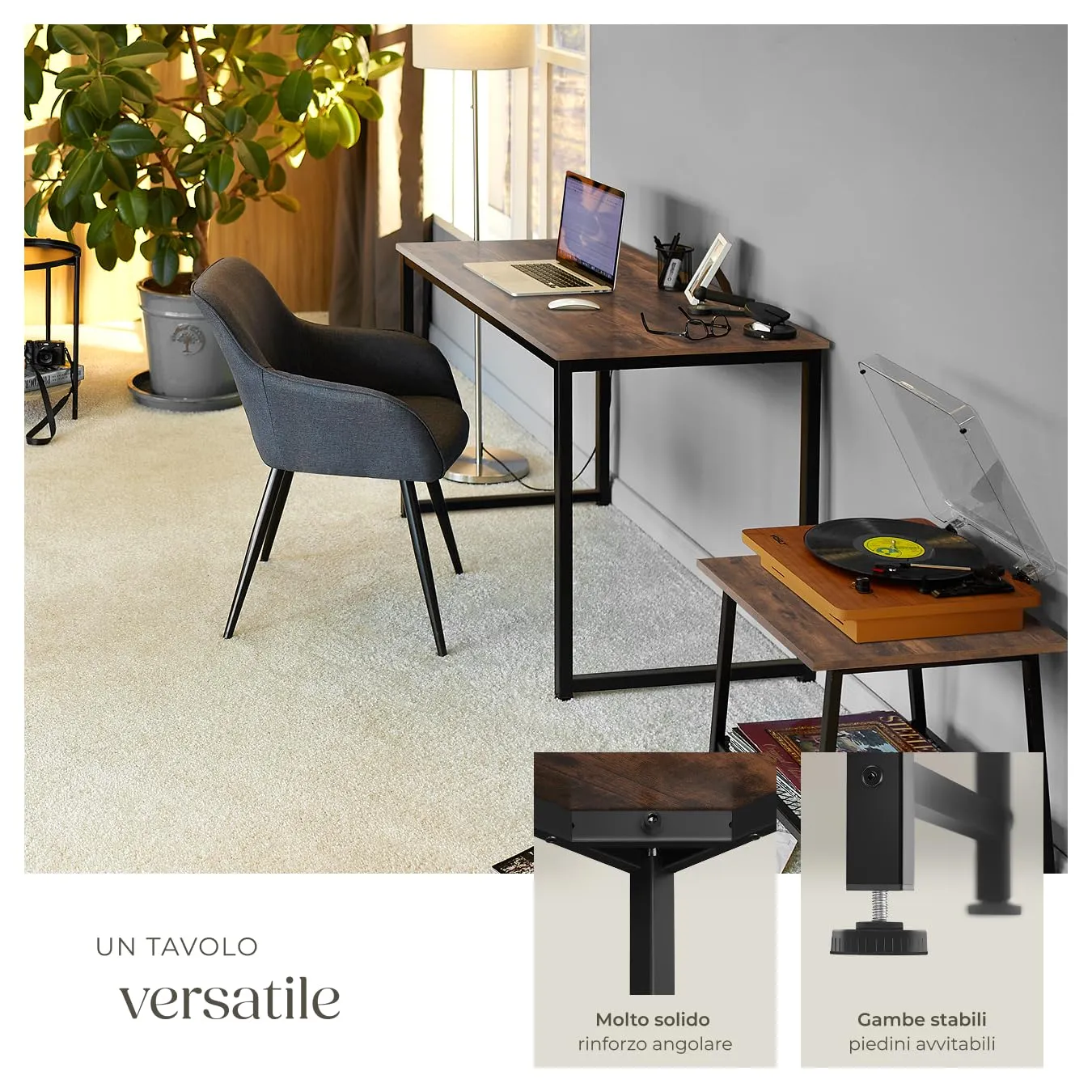 tectake Scrivania Moderna Industriale in Legno e Acciaio, Regolabile in Altezza, 120x59x76,5 cm, Industriale Scuro - immagine 4