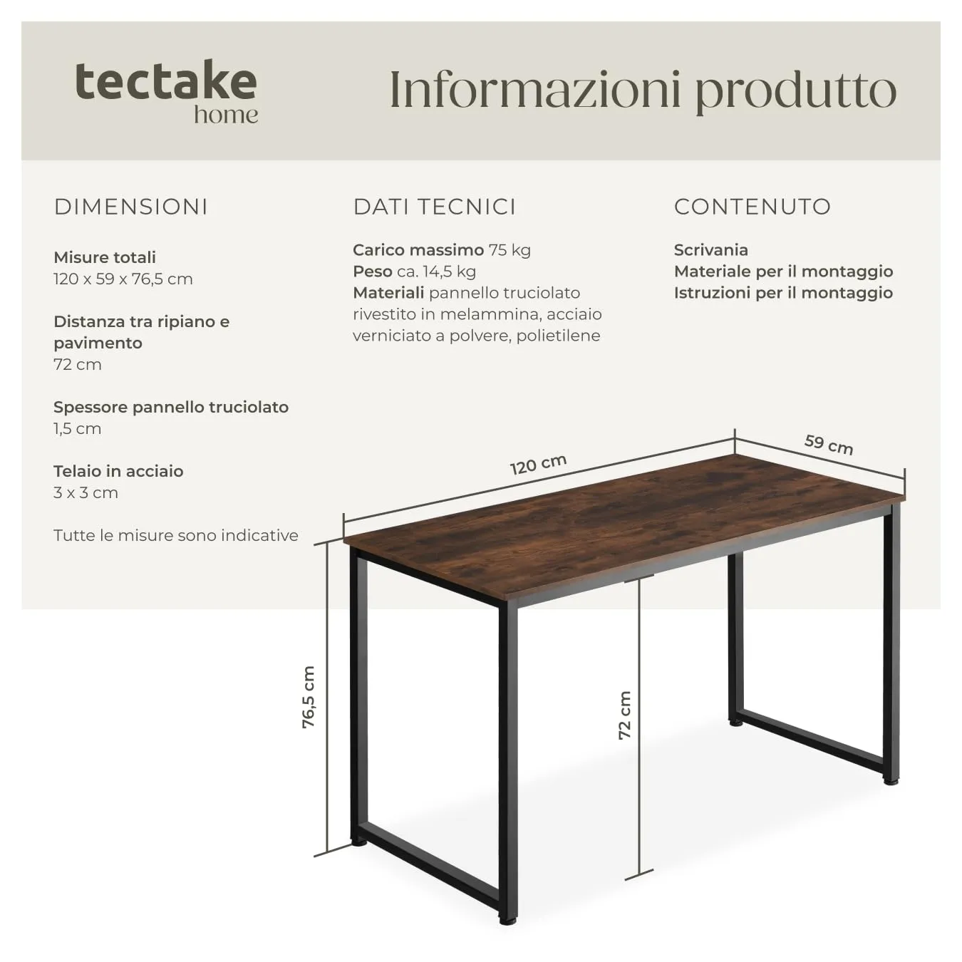 tectake Scrivania Moderna Industriale in Legno e Acciaio, Regolabile in Altezza, 120x59x76,5 cm, Industriale Scuro - immagine 6