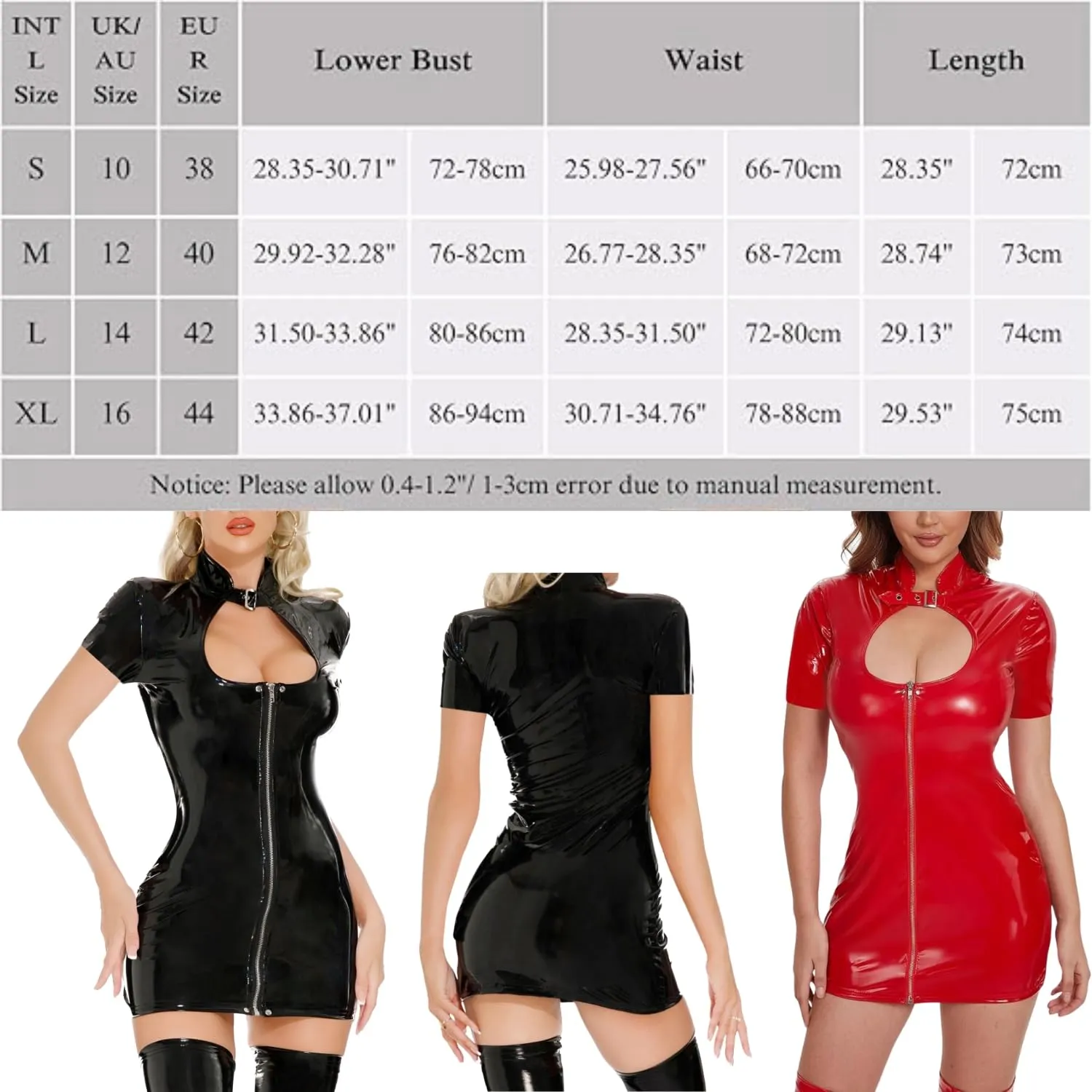 Gatamiau Mini Abito da Festa in Pelle Wetlook con Cerniera e Ritaglio, Slim Fit, Rosso, S - immagine 7