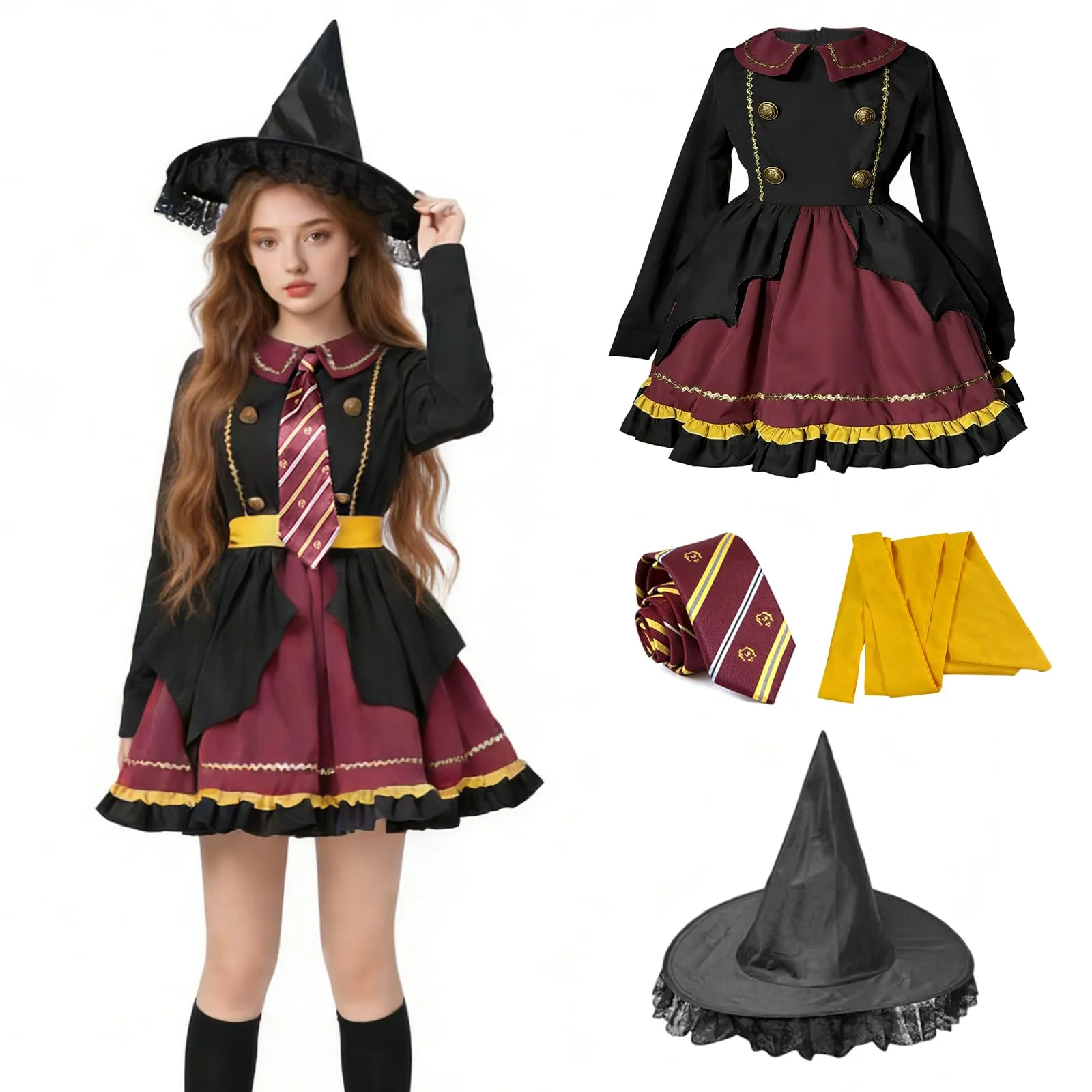 Yunlaishaocer Costume da Mago 4 Pezzi con Cappello, Abito Lolita, Cravatta e Cintura per Donne e Ragazze, L - immagine 1