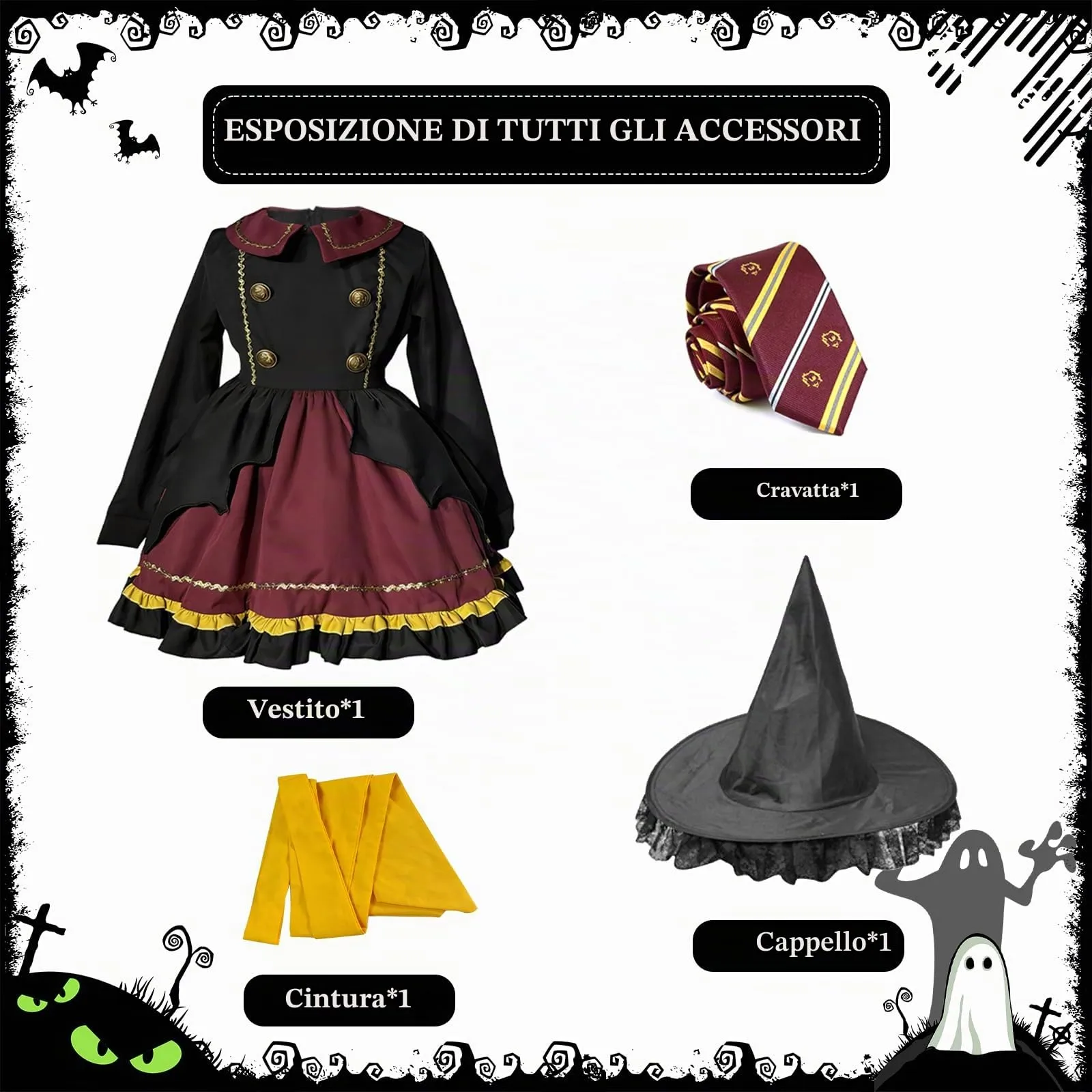 Yunlaishaocer Costume da Mago 4 Pezzi con Cappello, Abito Lolita, Cravatta e Cintura per Donne e Ragazze, Taglia M - immagine 3