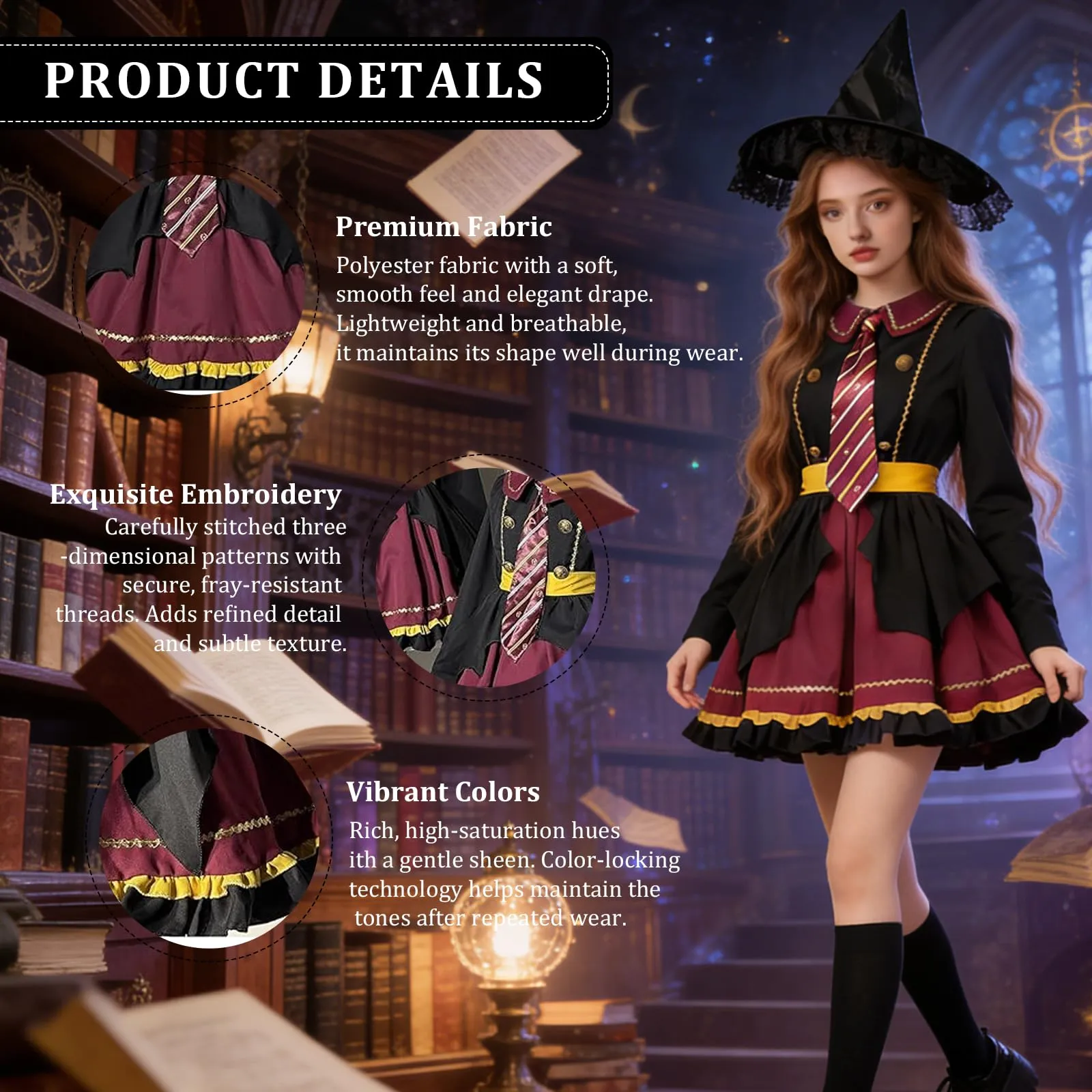 Yunlaishaocer Costume da Mago 4 Pezzi con Cappello, Abito Lolita, Cravatta e Cintura per Donne e Ragazze, Taglia M - immagine 4