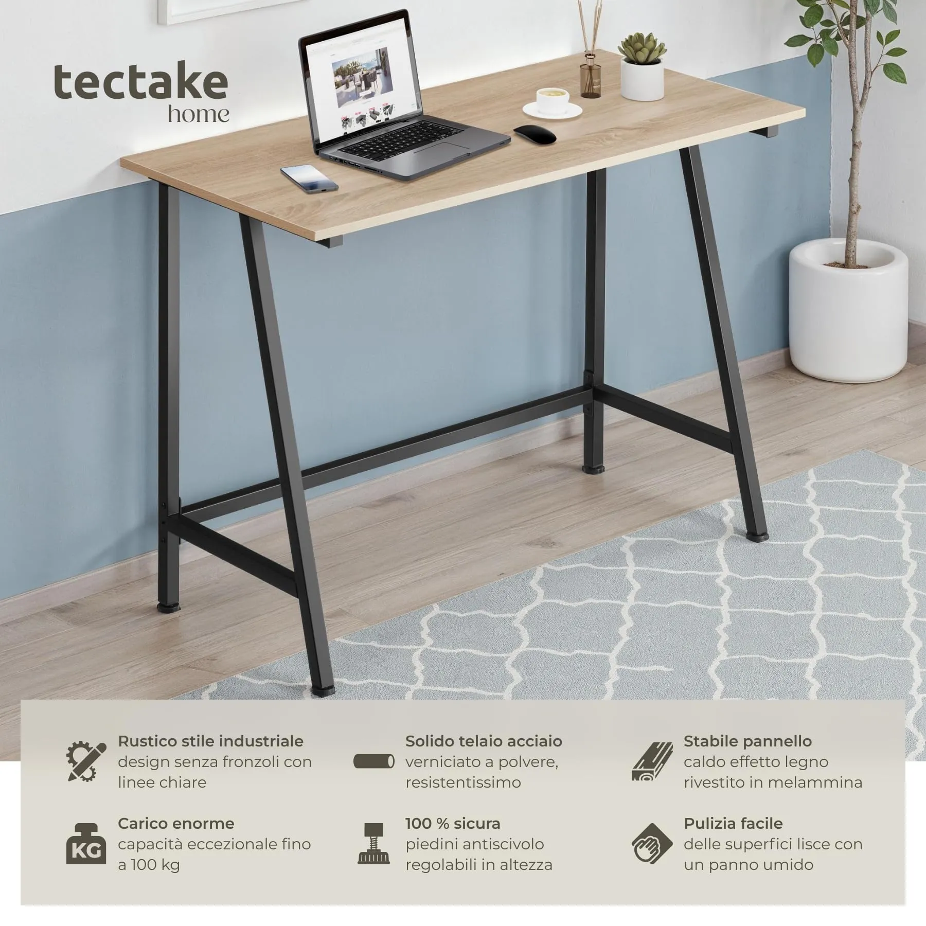 tectake Scrivania Gaming e da Lavoro, 100 x 50 x 77 cm, Telaio in Acciaio e Truciolato, Rovere Sonoma - immagine 2