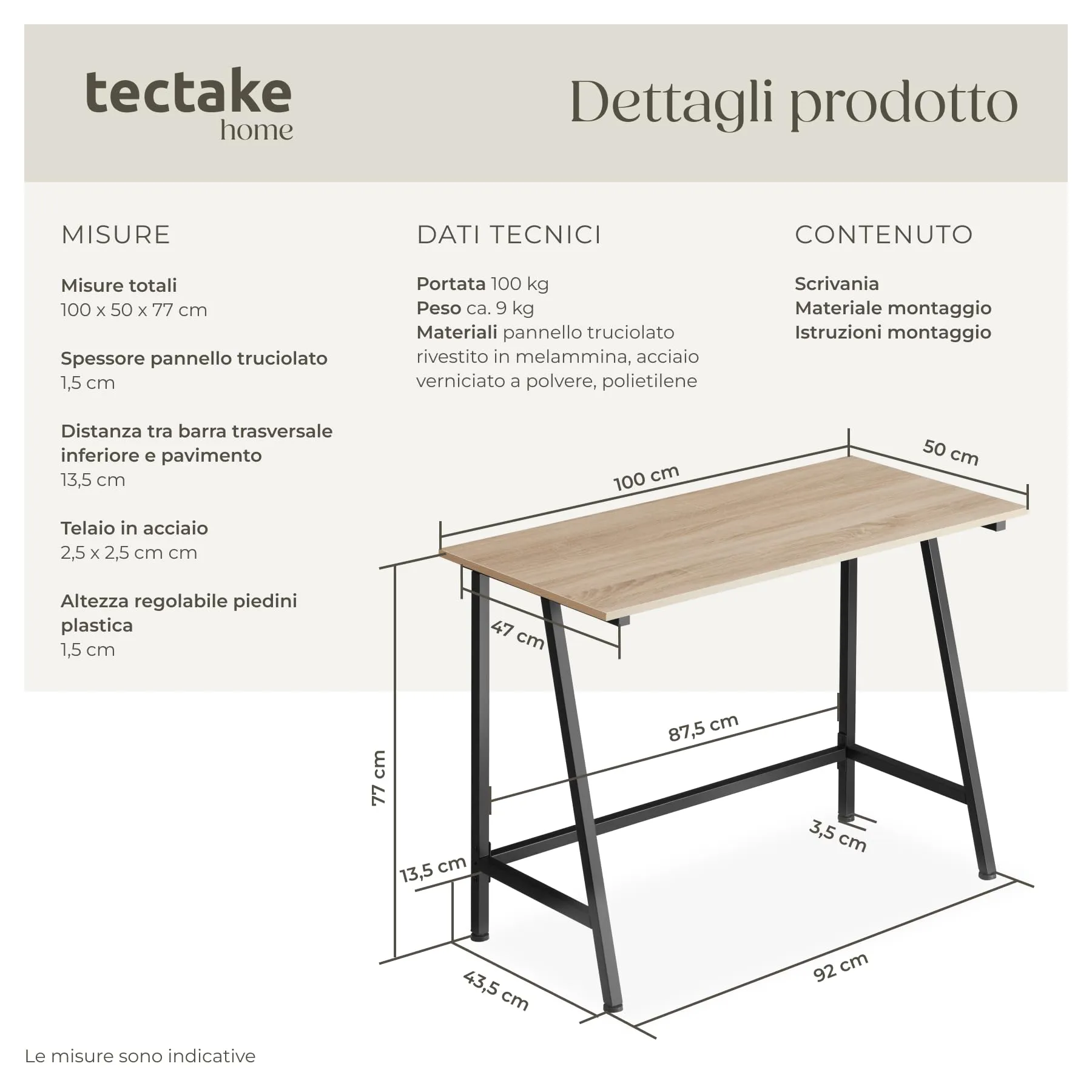 tectake Scrivania Gaming e da Lavoro, 100 x 50 x 77 cm, Telaio in Acciaio e Truciolato, Rovere Sonoma - immagine 6