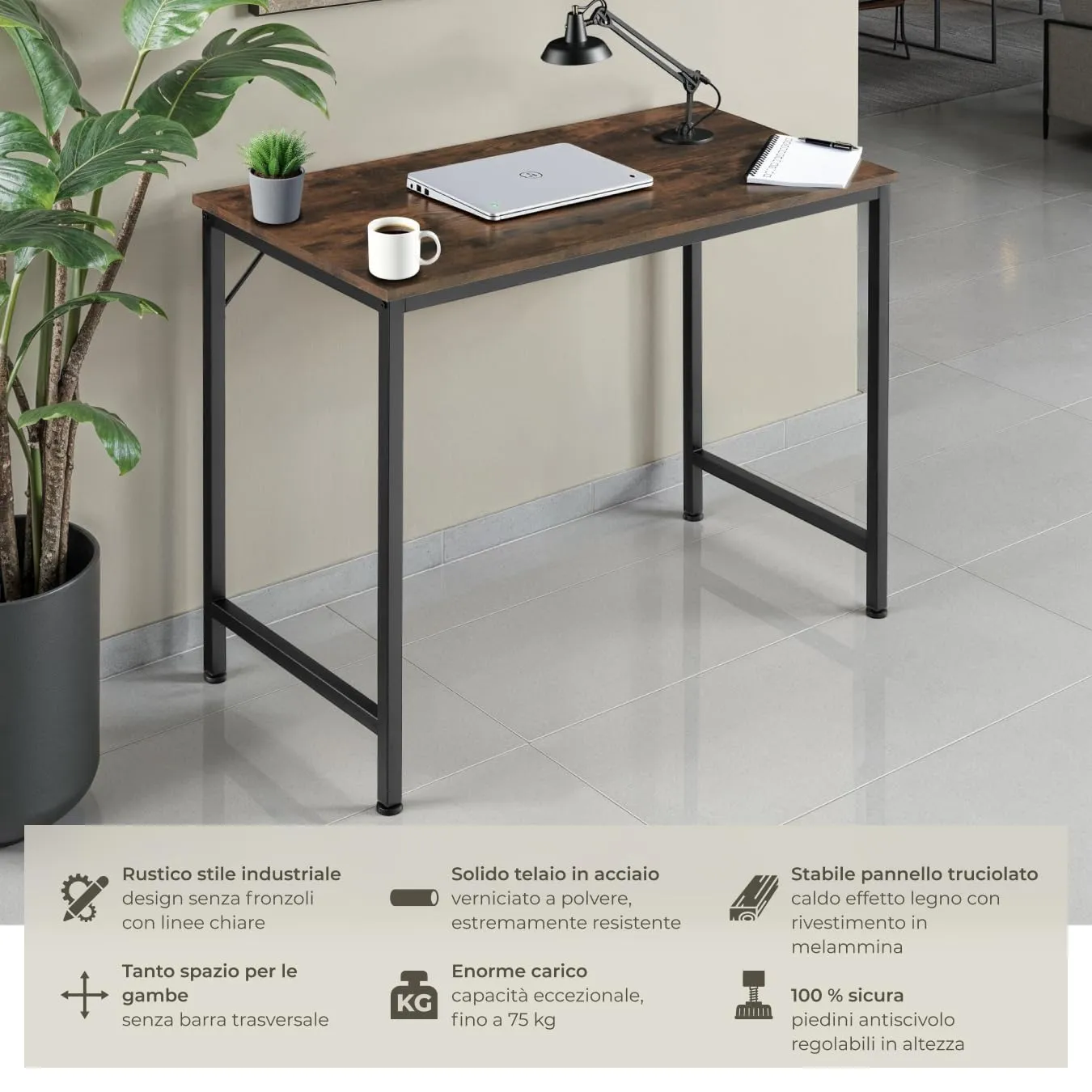 tectake Scrivania Moderna Regolabile in Altezza, Design Industriale in Legno e Acciaio, 100x50x75,5 cm, Industriale Scuro - immagine 2