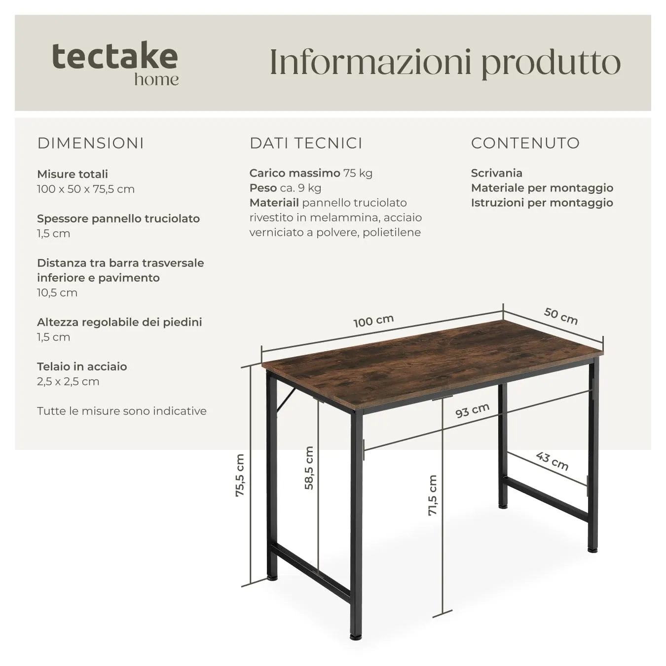 tectake Scrivania Moderna Regolabile in Altezza, Design Industriale in Legno e Acciaio, 100x50x75,5 cm, Industriale Scuro - immagine 6