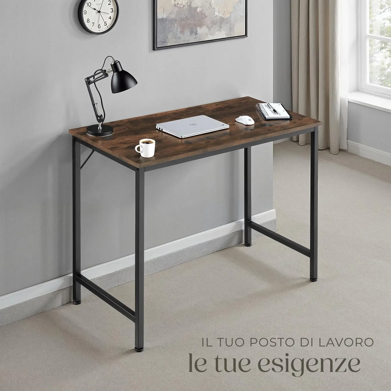 tectake Scrivania Moderna Regolabile in Altezza, Design Industriale in Legno e Acciaio, 100x50x75,5 cm, Industriale Scuro - immagine 7