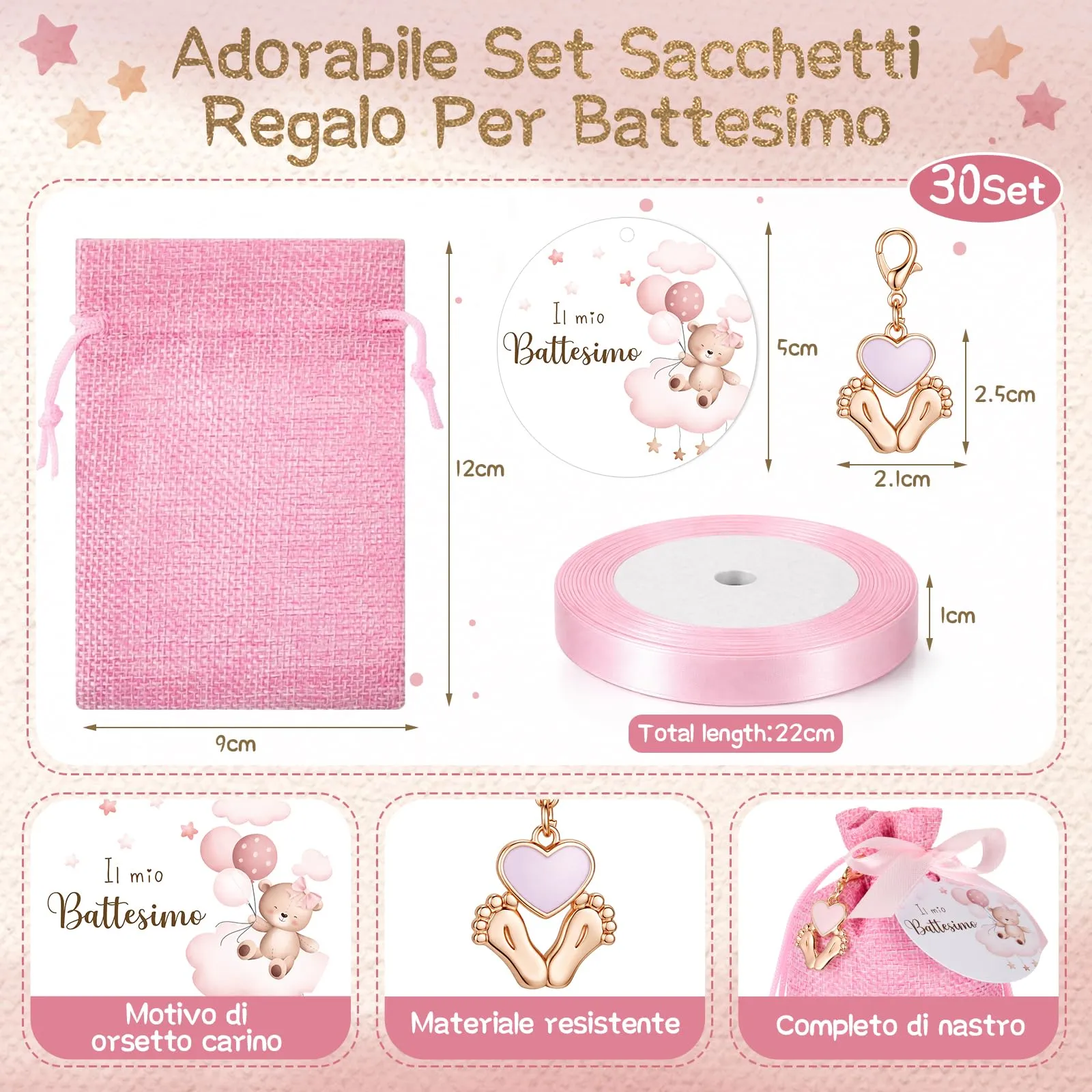 BBTO Set Bomboniere per Battesimo, Rosa, 30 Set - immagine 3