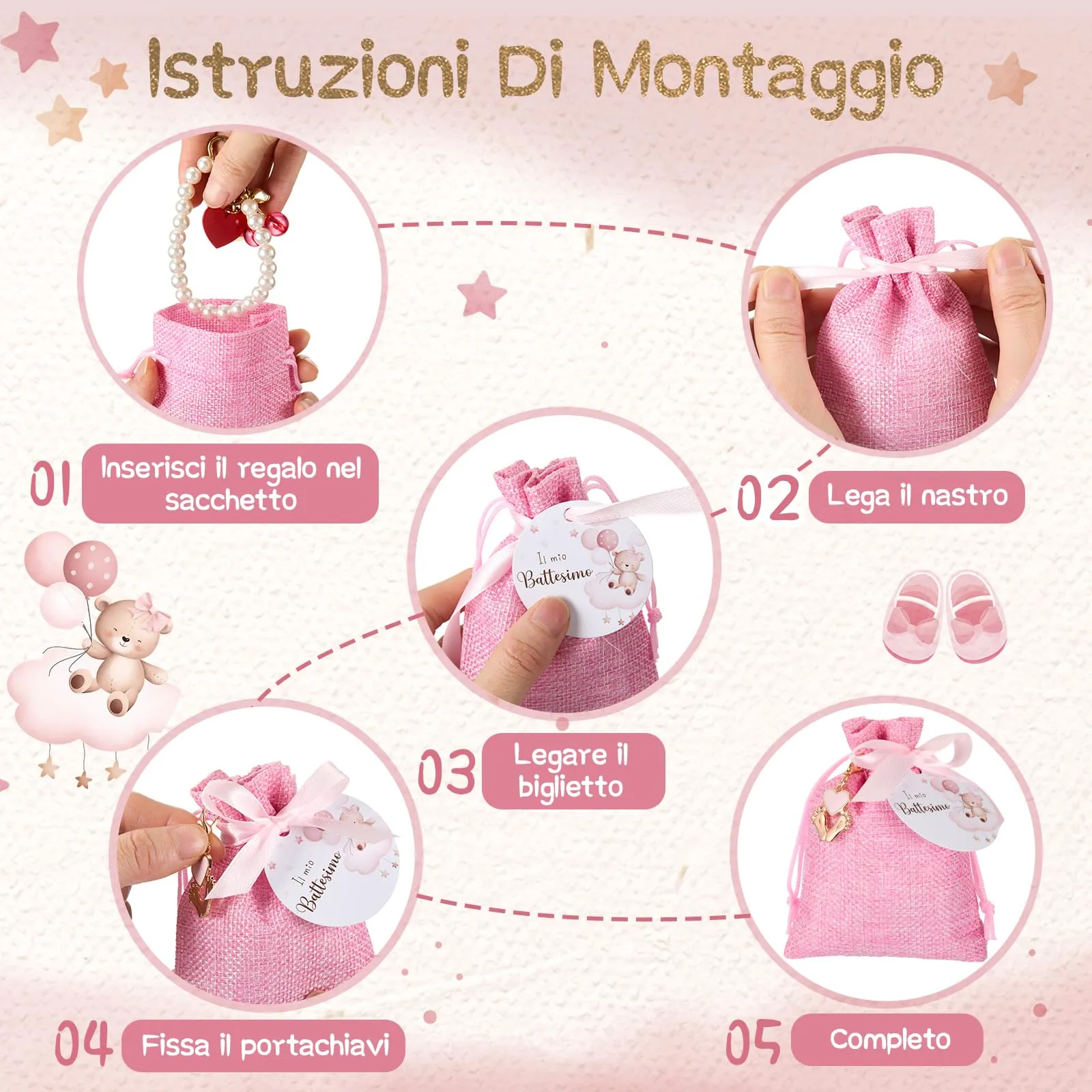 BBTO Set Bomboniere per Battesimo, Rosa, 30 Set - immagine 4