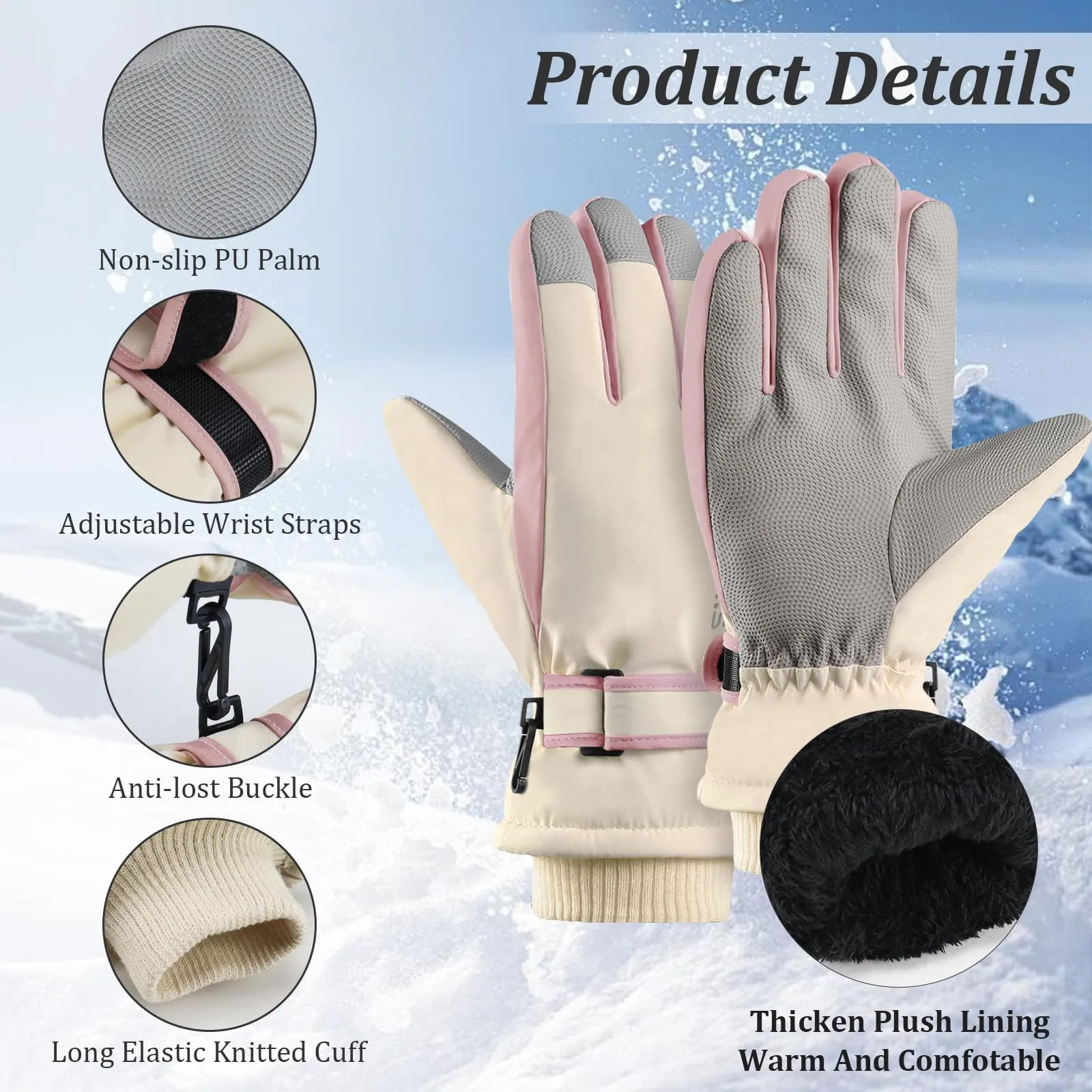 Andiker Guanti da Sci Invernali da Donna, Impermeabili e Touchscreen, Beige e Rosa, Taglia Unica - immagine 3