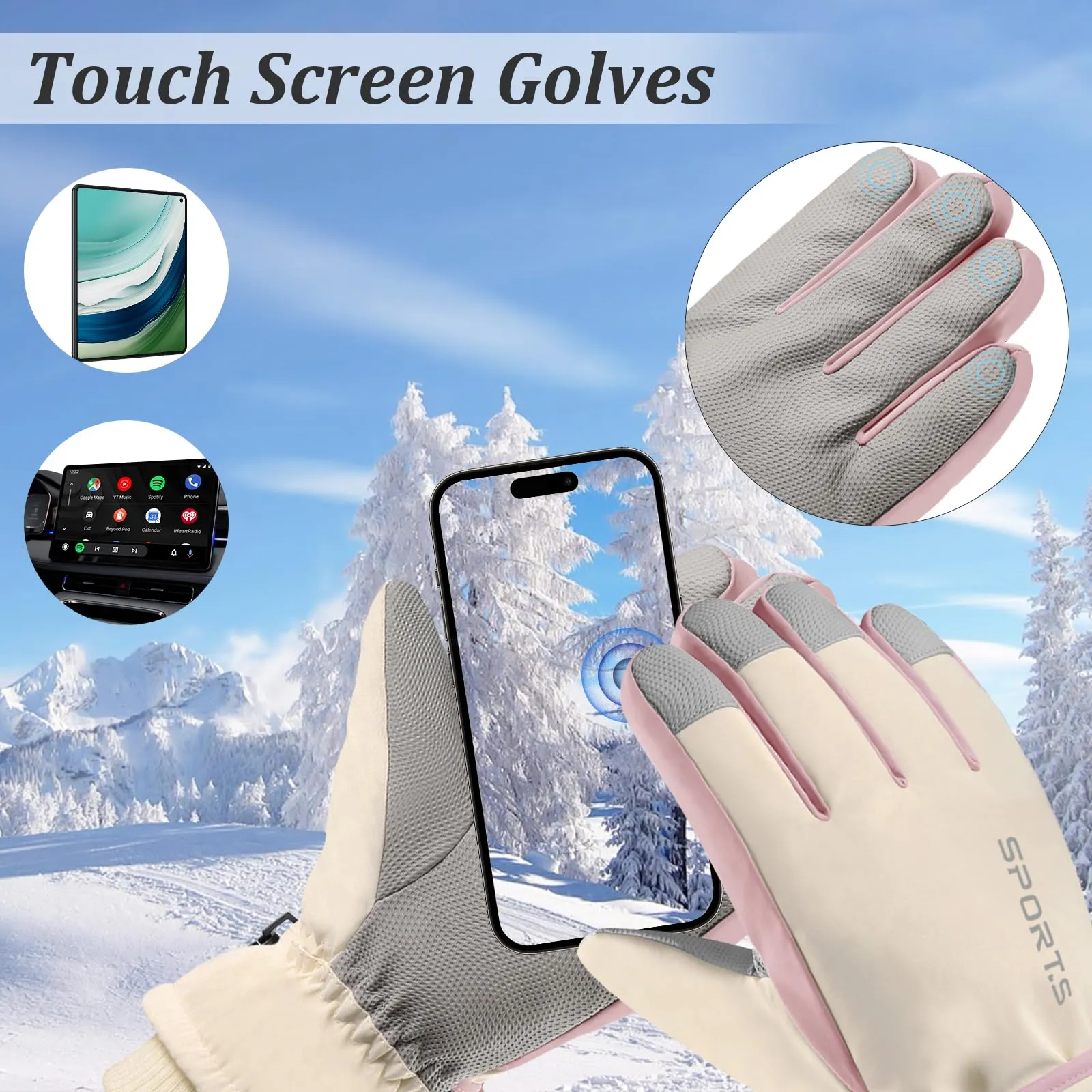 Andiker Guanti da Sci Invernali da Donna, Impermeabili e Touchscreen, Beige e Rosa, Taglia Unica - immagine 5