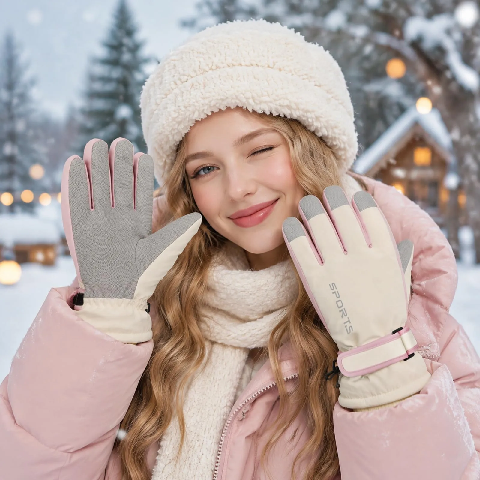 Andiker Guanti da Sci Invernali da Donna, Impermeabili e Touchscreen, Beige e Rosa, Taglia Unica - immagine 7