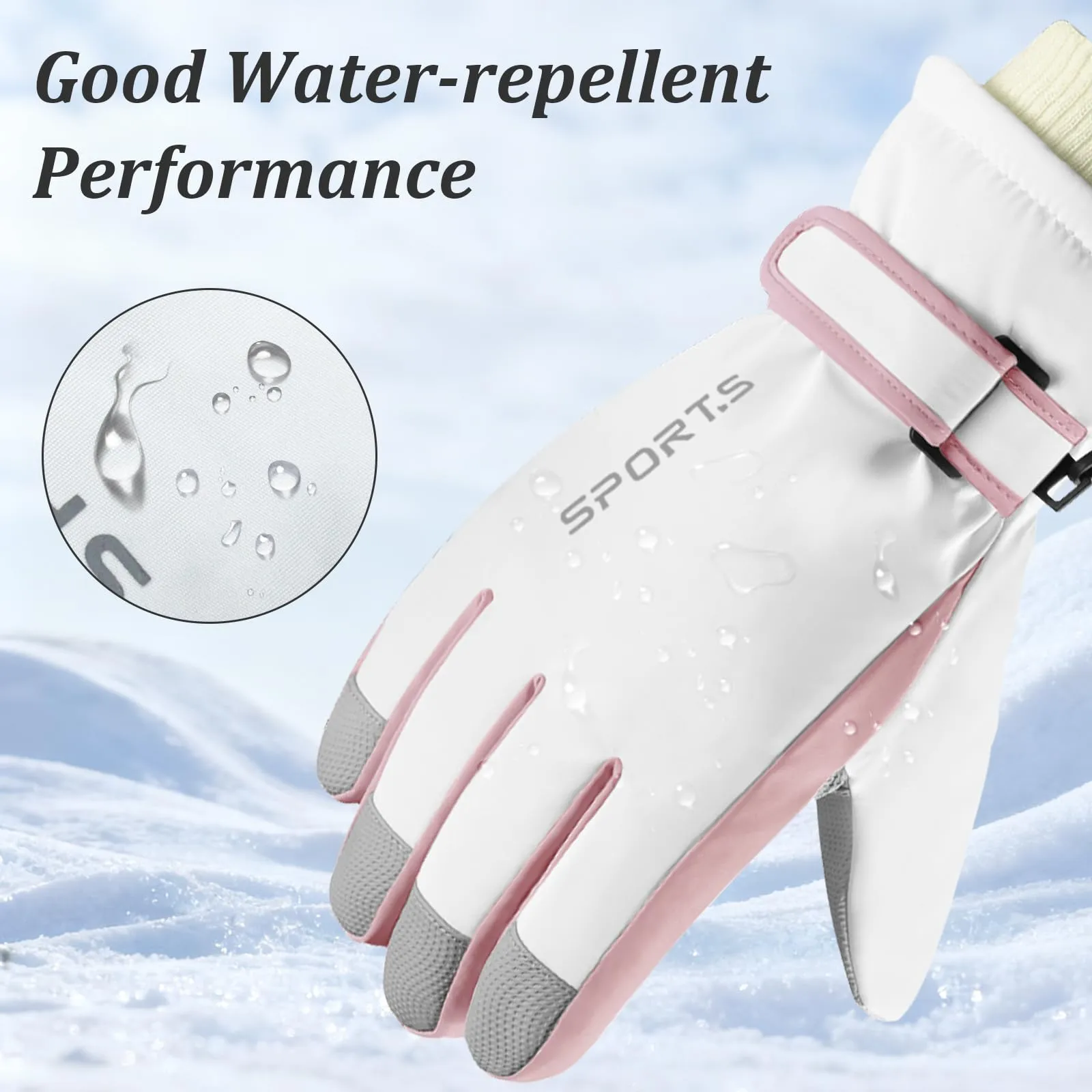 Andiker Guanti da sci invernali da donna, impermeabili e touchscreen, bianco e rosa, taglia unica - immagine 4
