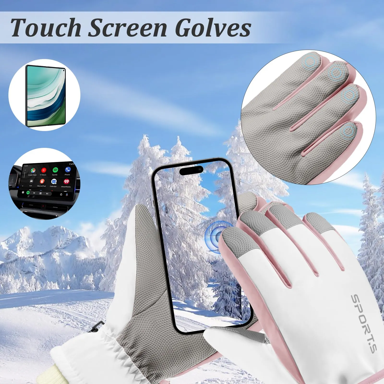 Andiker Guanti da sci invernali da donna, impermeabili e touchscreen, bianco e rosa, taglia unica - immagine 5