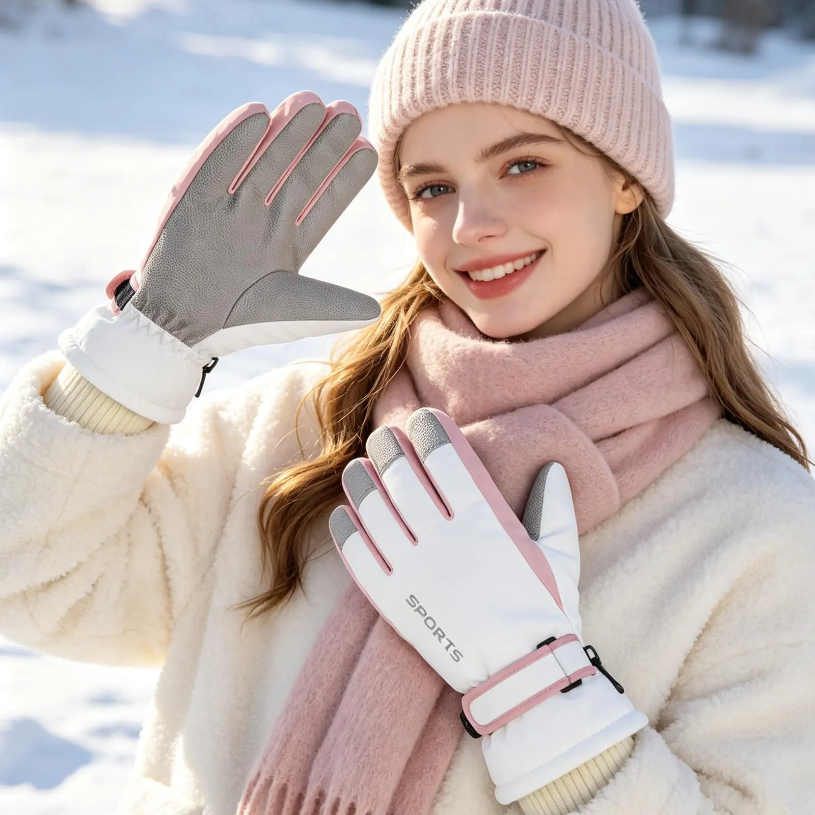 Andiker Guanti da sci invernali da donna, impermeabili e touchscreen, bianco e rosa, taglia unica - immagine 7