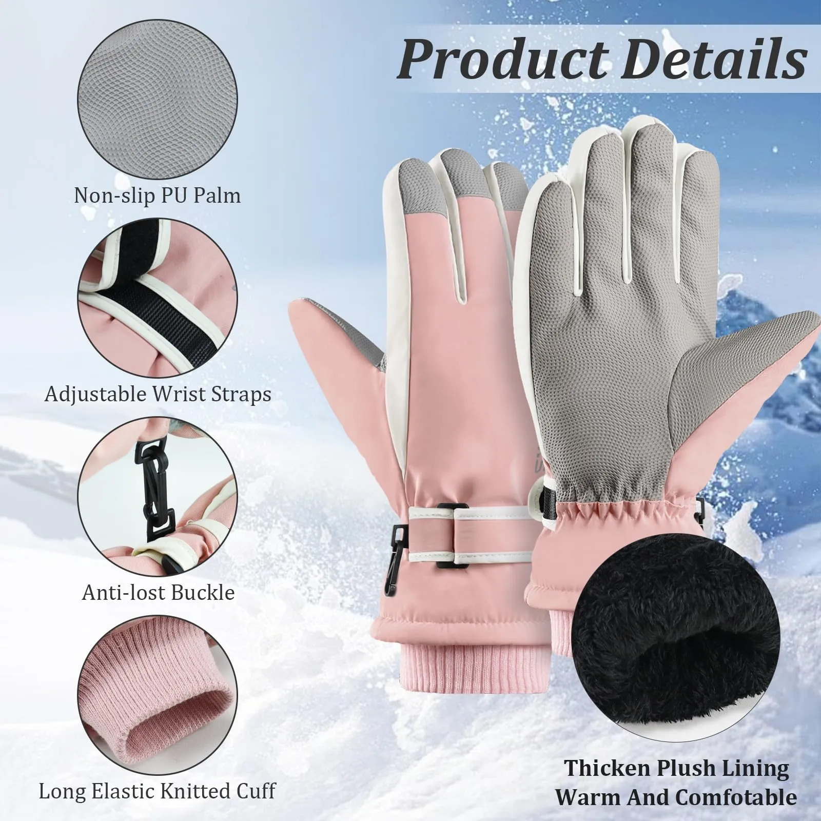 Andiker Guanti da Sci Invernali da Donna, Impermeabili e Touchscreen, Rosa e Bianco, Taglia Unica - immagine 3