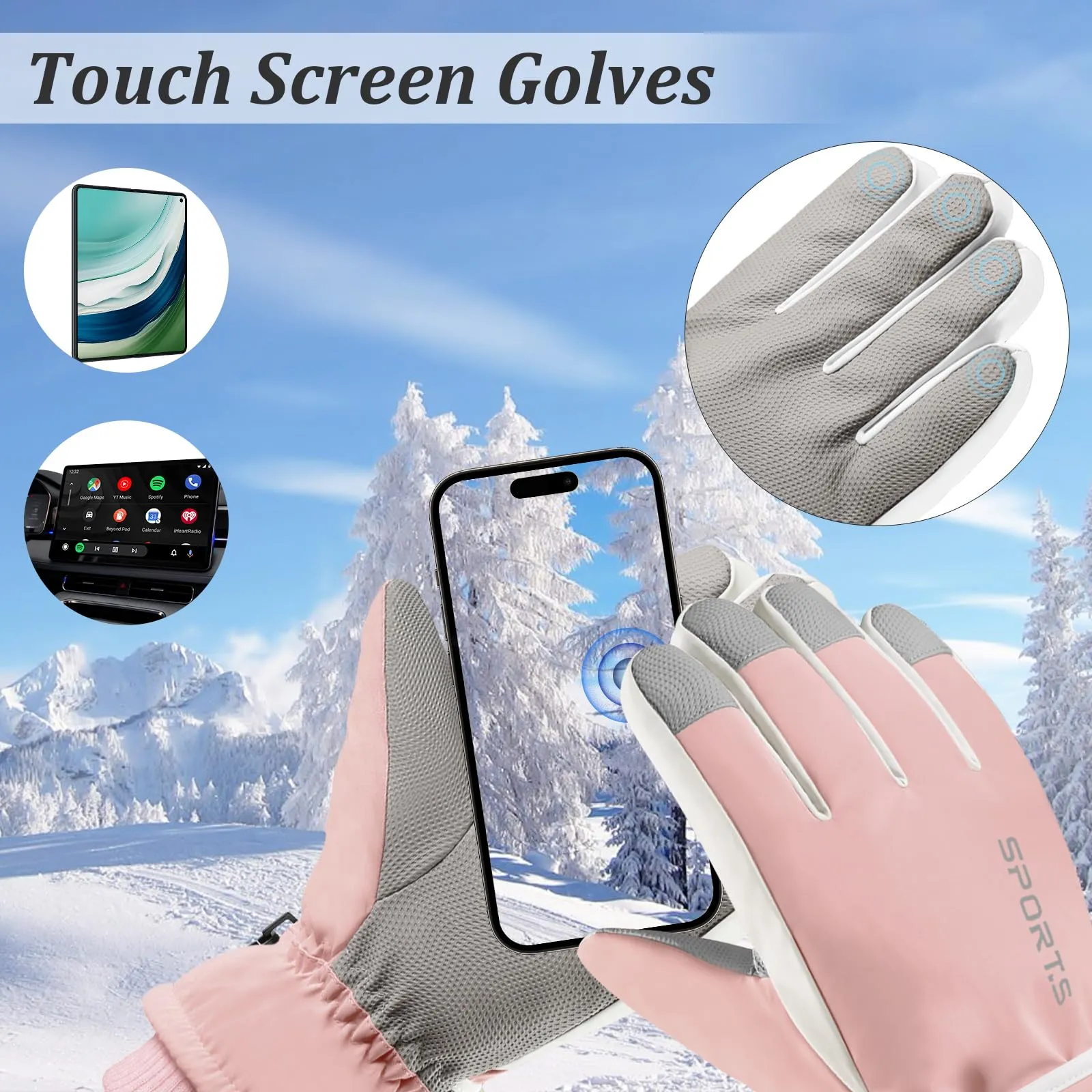 Andiker Guanti da Sci Invernali da Donna, Impermeabili e Touchscreen, Rosa e Bianco, Taglia Unica - immagine 4