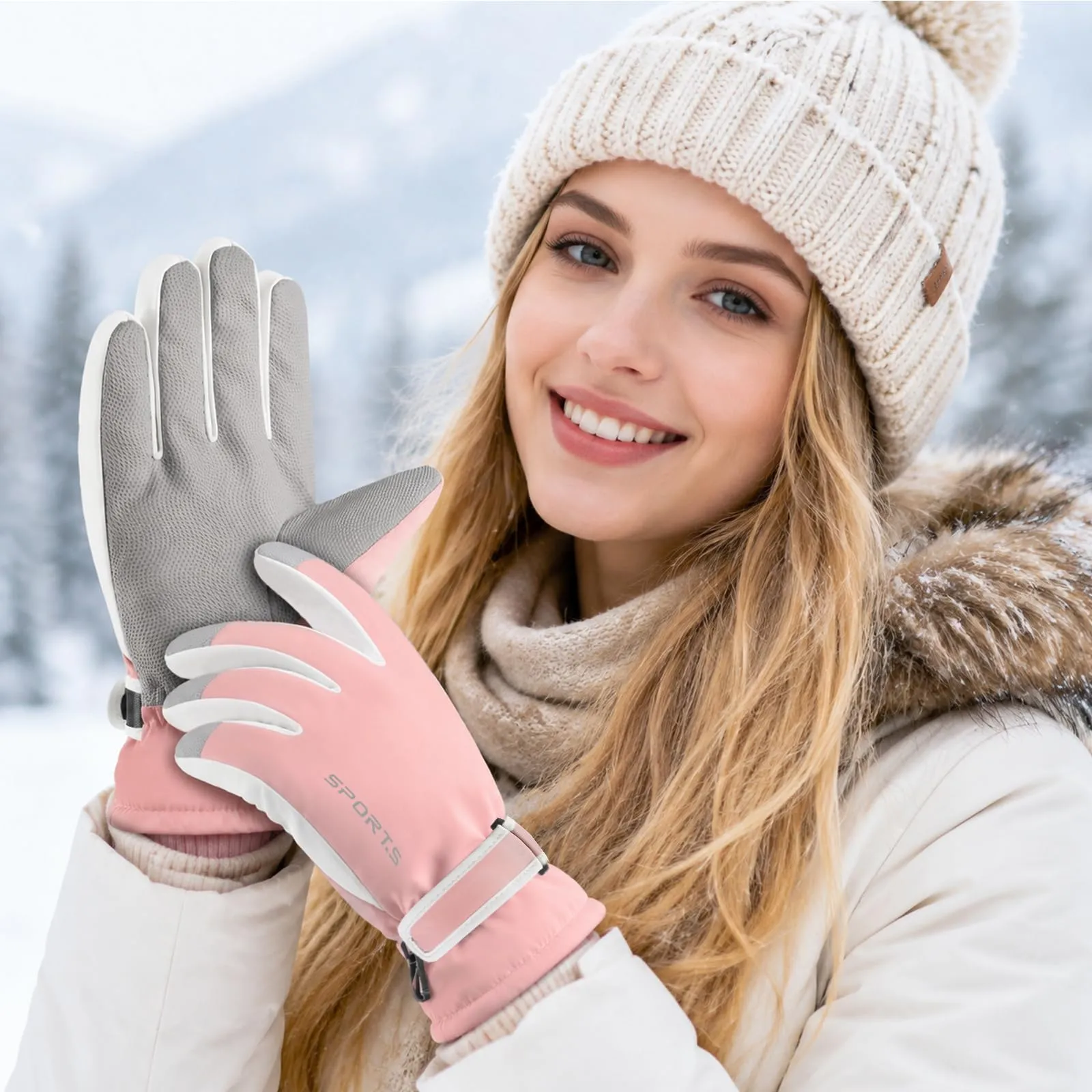 Andiker Guanti da Sci Invernali da Donna, Impermeabili e Touchscreen, Rosa e Bianco, Taglia Unica - immagine 7
