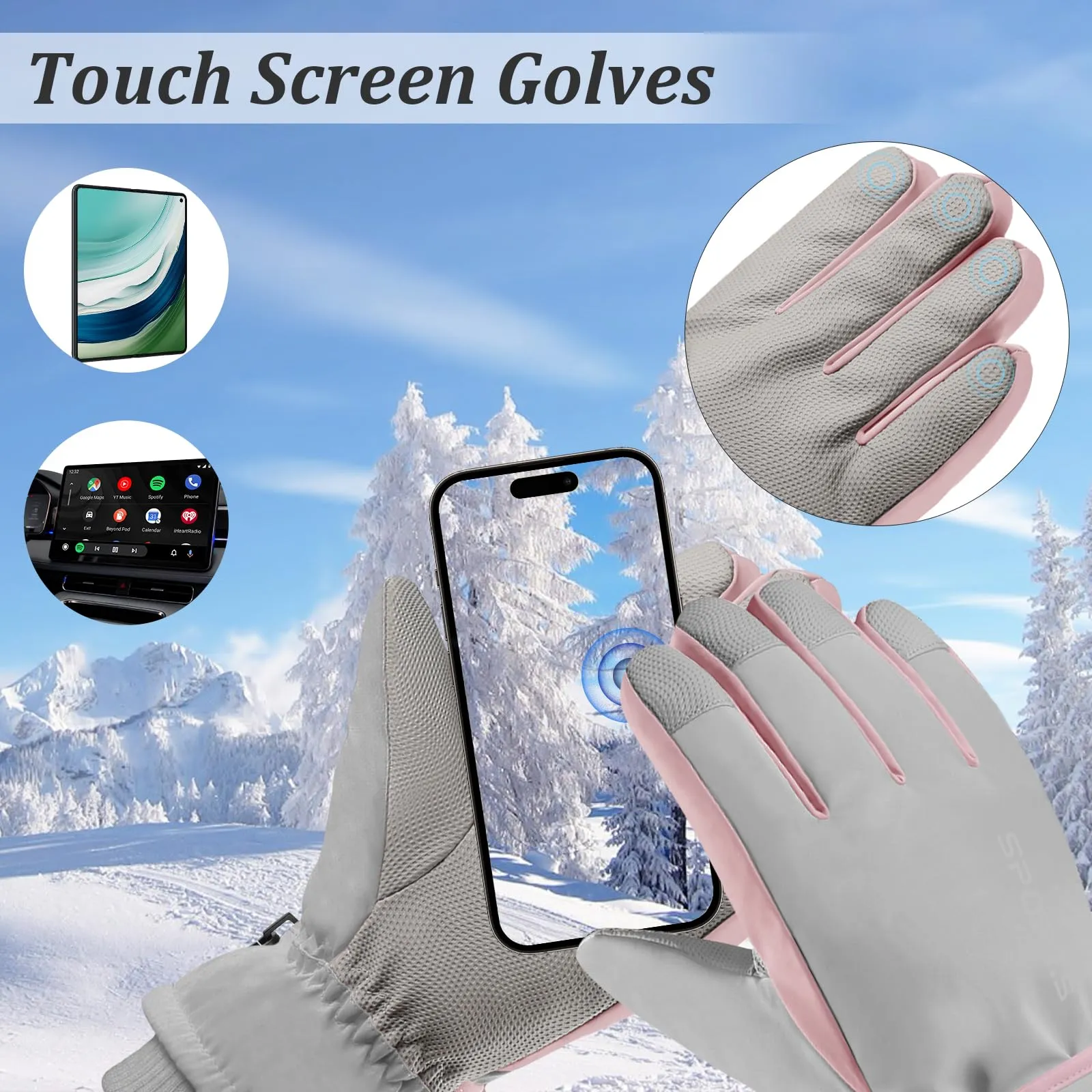 Andiker Guanti da sci invernali da donna, impermeabili e touchscreen, grigio chiaro e rosa, taglia unica - immagine 3