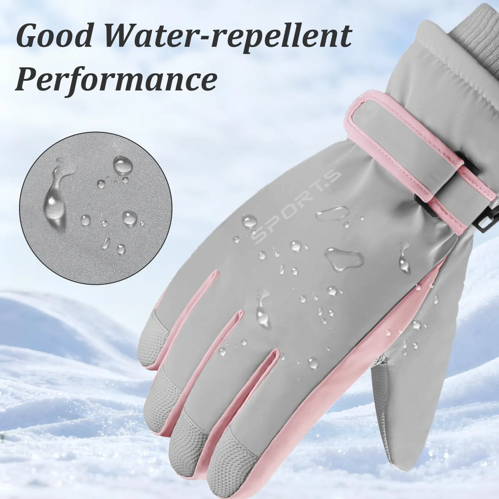 Andiker Guanti da sci invernali da donna, impermeabili e touchscreen, grigio chiaro e rosa, taglia unica - immagine 6