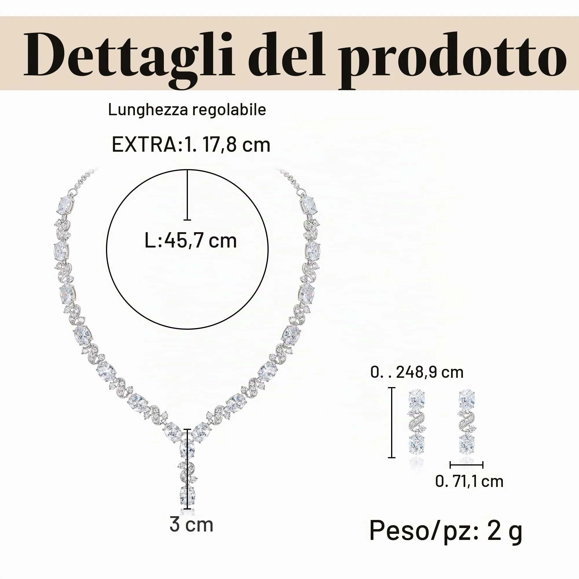 Clearine Parure Gioielli Collana e Orecchini Zirconia Cubica Infinito Forma a Y - immagine 5