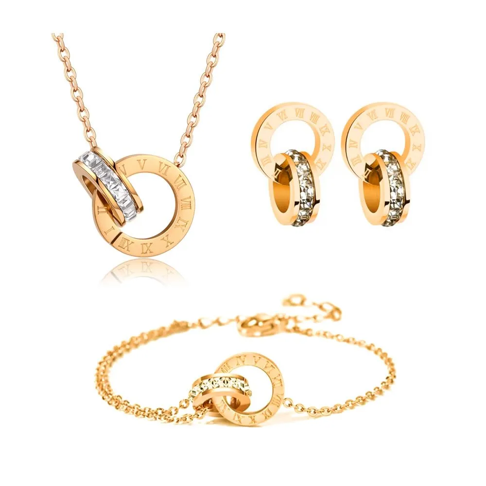 RPAEOY Set Gioielli Numeri Romani in Acciaio Inossidabile Placcato Oro 18K con Zircone, Collana Orecchini e Bracciale (Oro) - immagine 1