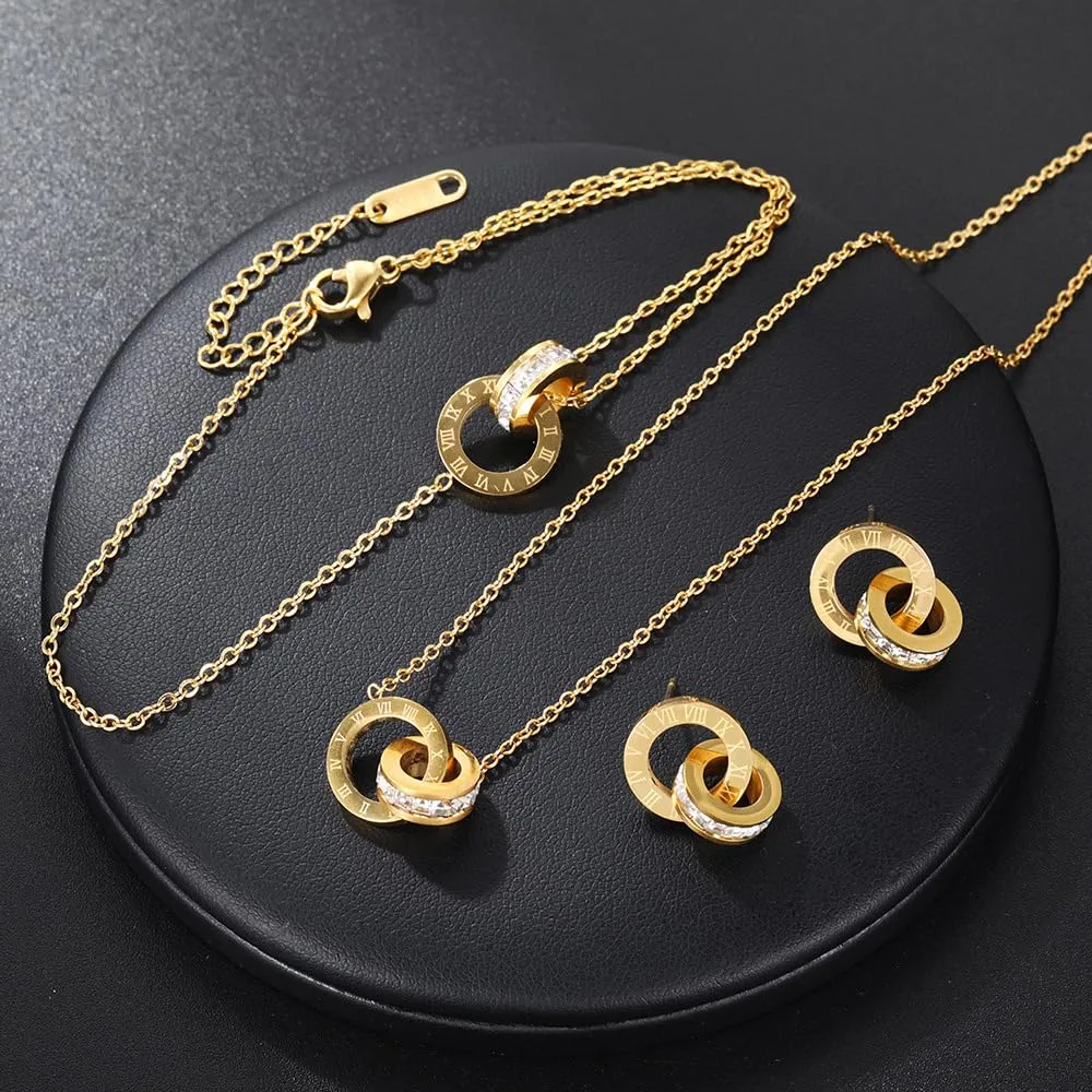 RPAEOY Set Gioielli Numeri Romani in Acciaio Inossidabile Placcato Oro 18K con Zircone, Collana Orecchini e Bracciale (Oro) - immagine 3