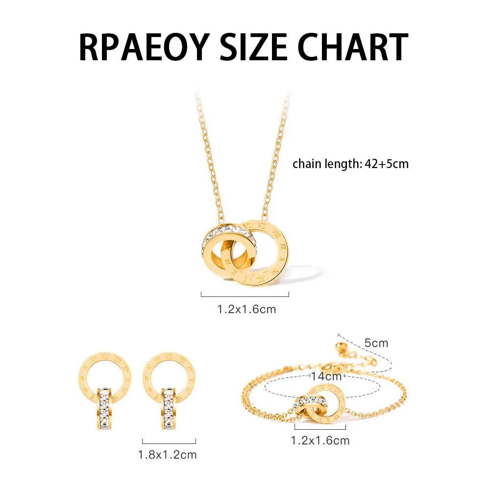 RPAEOY Set Gioielli Numeri Romani in Acciaio Inossidabile Placcato Oro 18K con Zircone, Collana Orecchini e Bracciale (Oro) - immagine 7