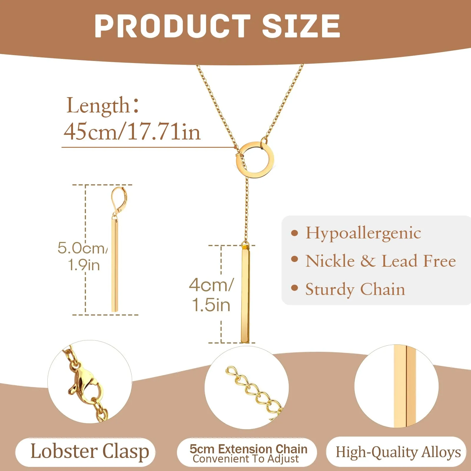 ZENGSING Set di Collana Lariat a Barra Verticale e Orecchini a Cerchio - Oro rosa - immagine 2