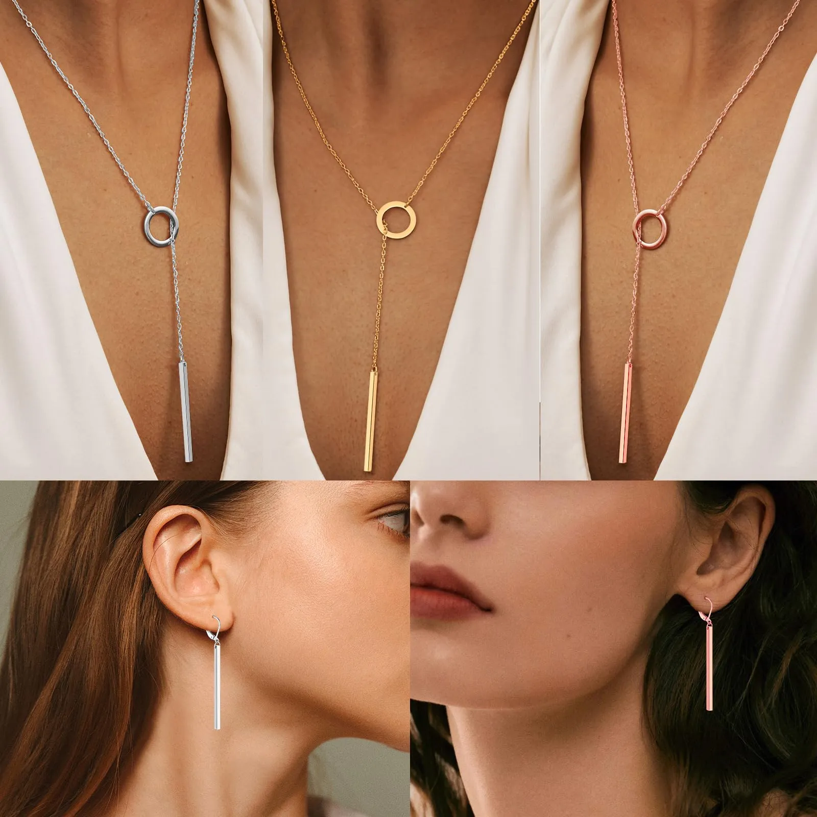ZENGSING Set di Collana Lariat a Barra Verticale e Orecchini a Cerchio - Oro rosa - immagine 4