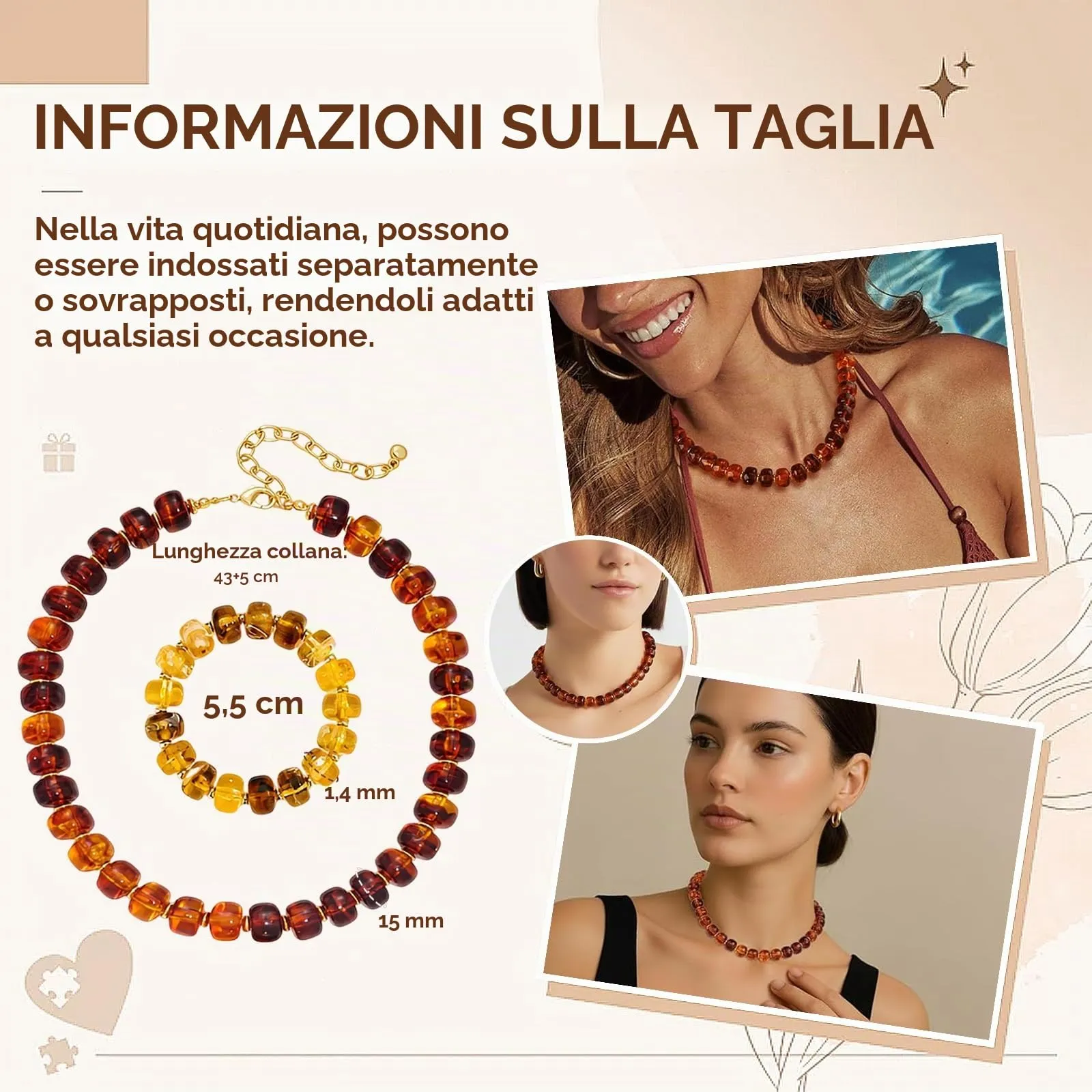 JYIXXZX Set di Collana e Bracciale Bohémien in Resina, Perline Fatte a Mano, Ambra - immagine 2