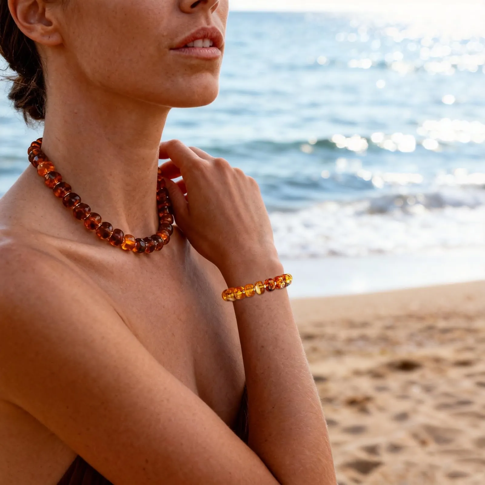 JYIXXZX Set di Collana e Bracciale Bohémien in Resina, Perline Fatte a Mano, Ambra - immagine 4