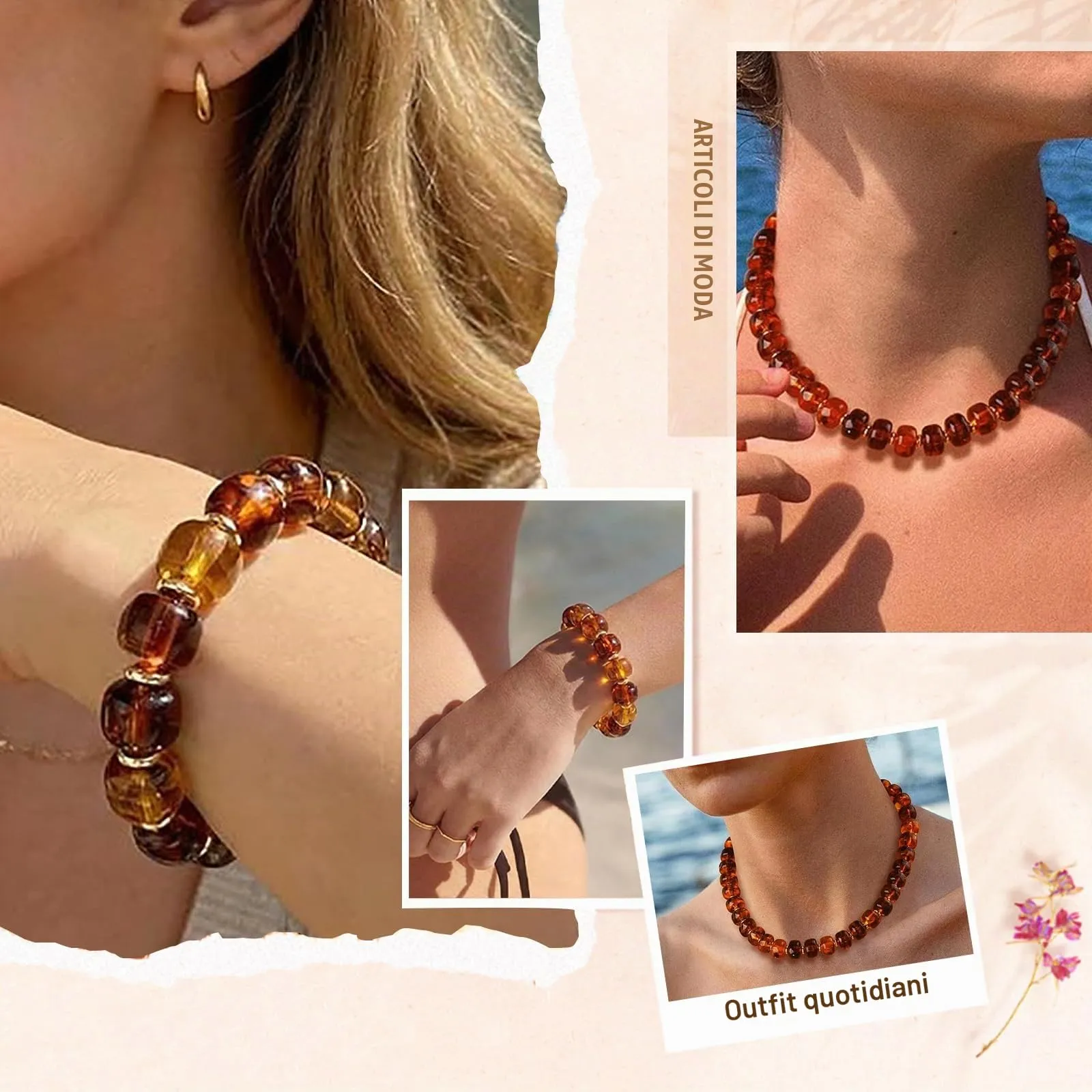 JYIXXZX Set di Collana e Bracciale Bohémien in Resina, Perline Fatte a Mano, Ambra - immagine 7