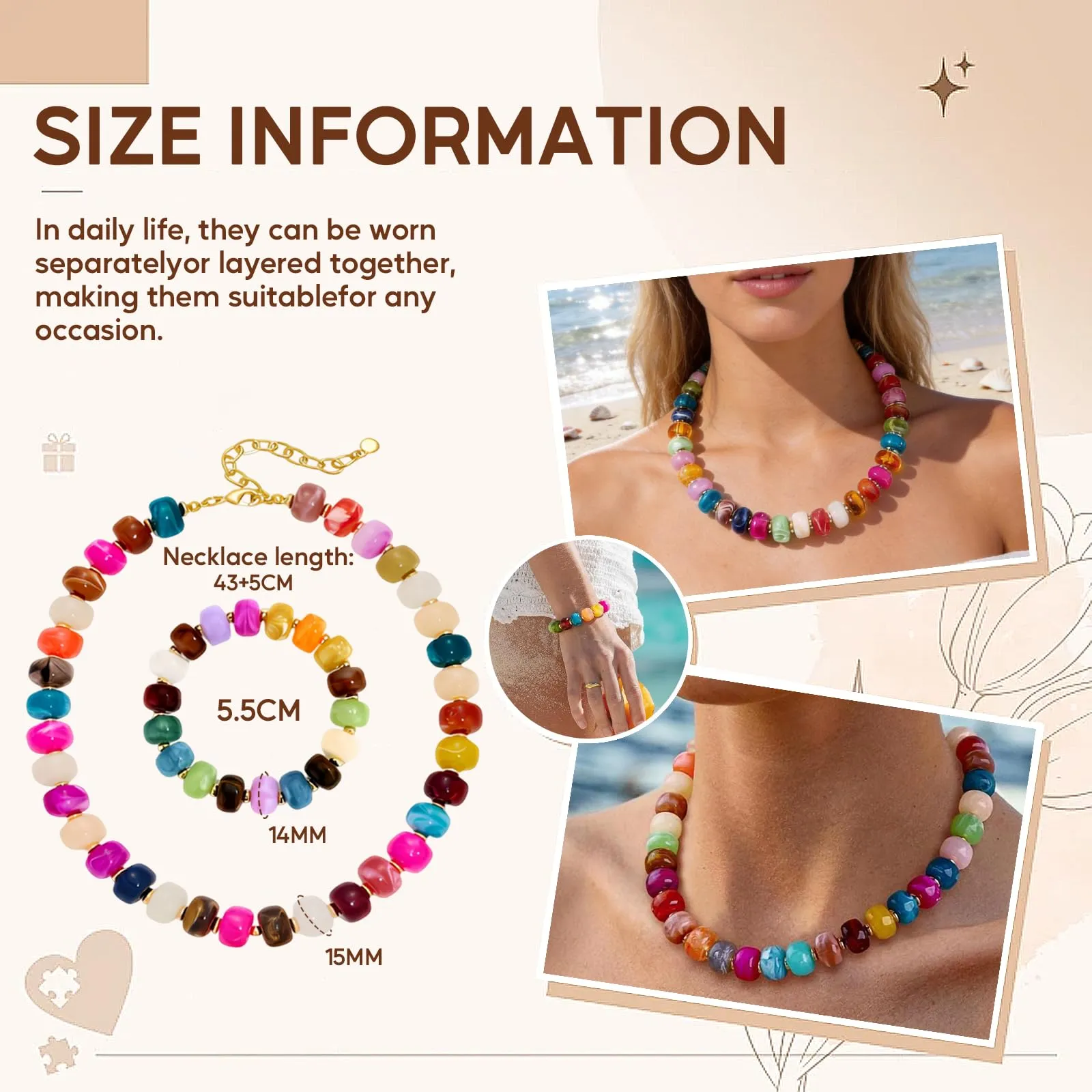 JYIXXZX Set Collana e Bracciale Bohémien in Resina Colorata - immagine 2