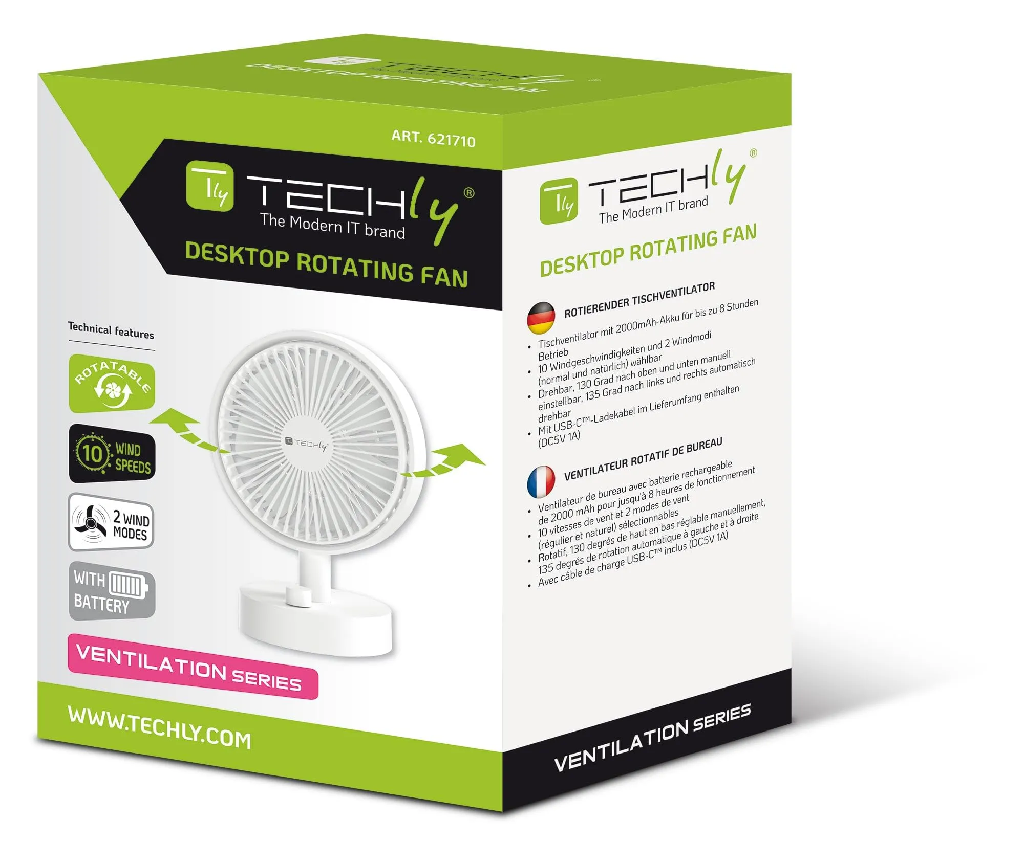 Techly 621710 Mini Ventilatore Rotante da Tavolo, 10 Velocità, Ricarica USB-C, Bianco - immagine 2