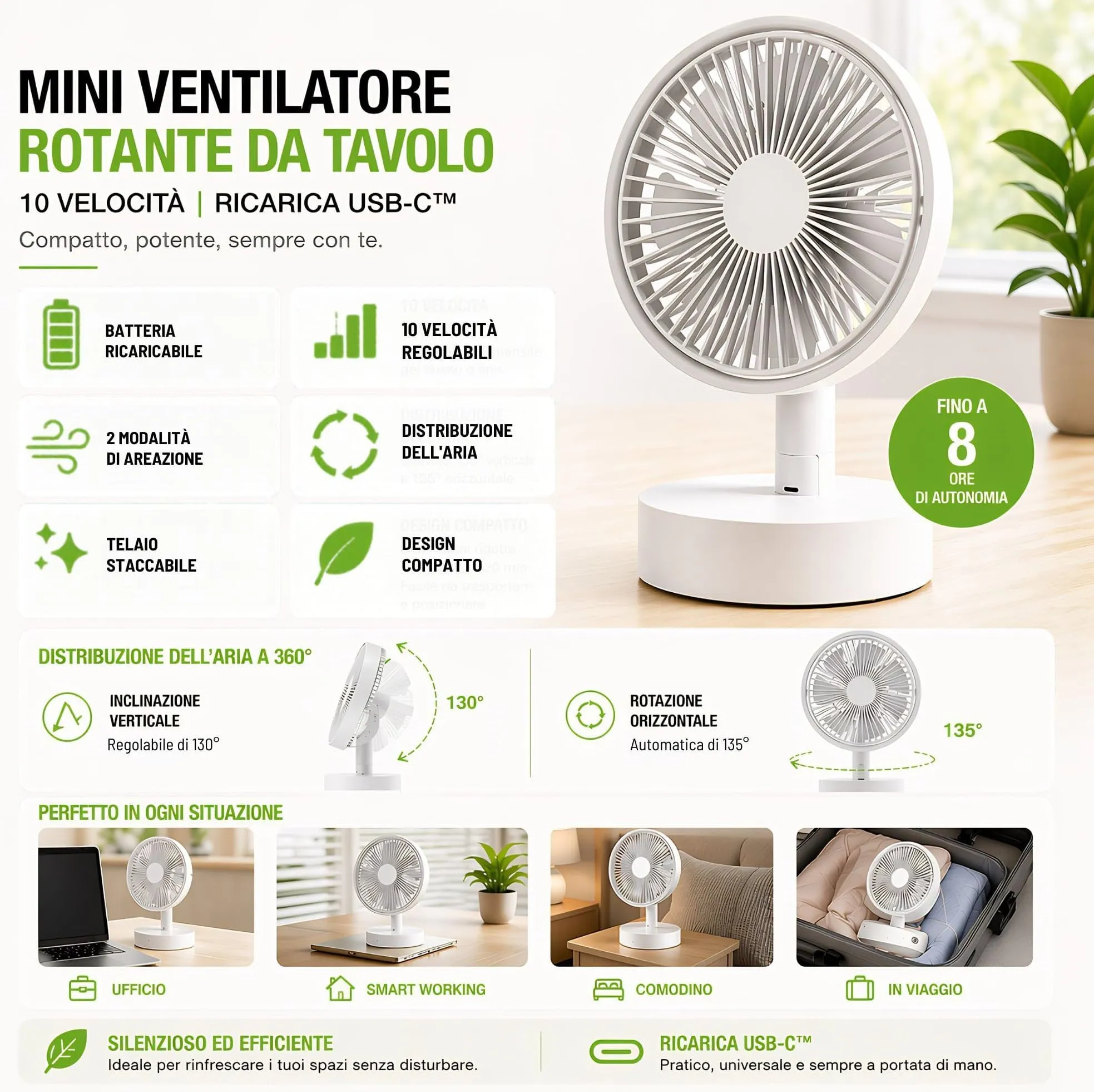 Techly 621710 Mini Ventilatore Rotante da Tavolo, 10 Velocità, Ricarica USB-C, Bianco - immagine 3
