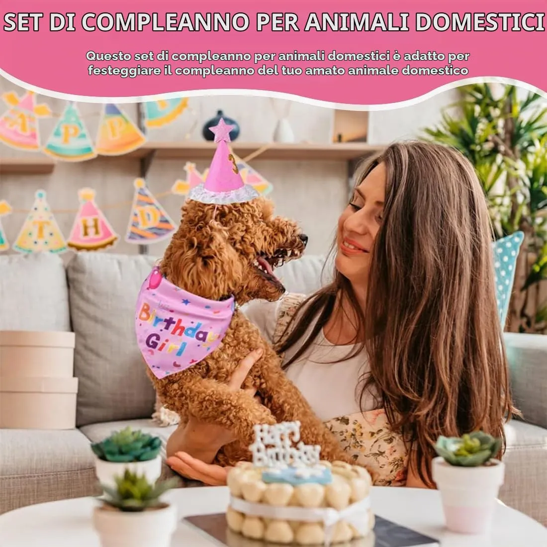 OIXEYA Set Compleanno per Cani con Bandana, Cappello e Adesivi Numerici, Rosa, Taglia L - immagine 2