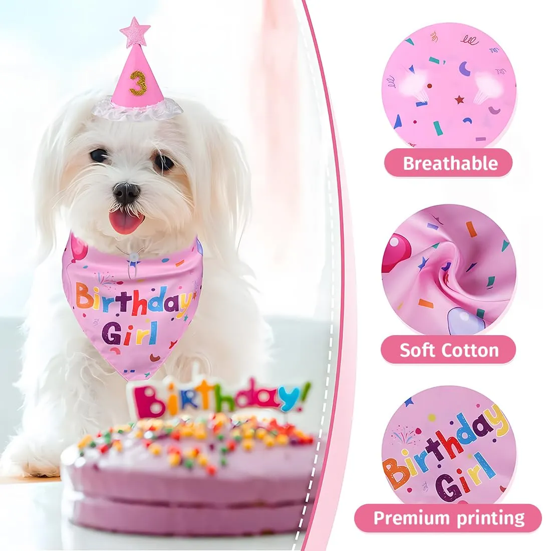 OIXEYA Set Compleanno per Cani con Bandana, Cappello e Adesivi Numerici, Rosa, Taglia L - immagine 3