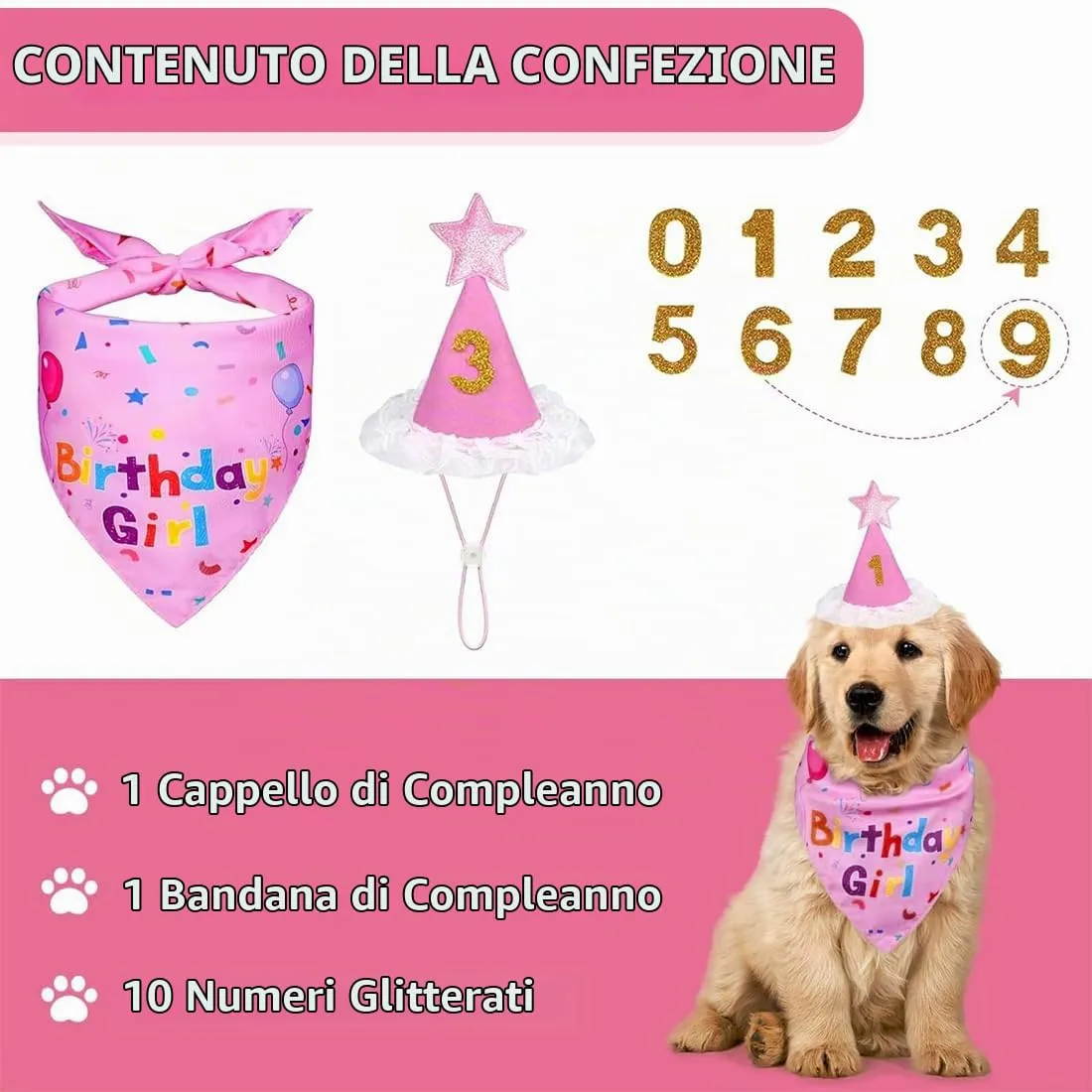 OIXEYA Set Compleanno per Cani con Bandana, Cappello e Adesivi Numerici, Rosa, Taglia L - immagine 4