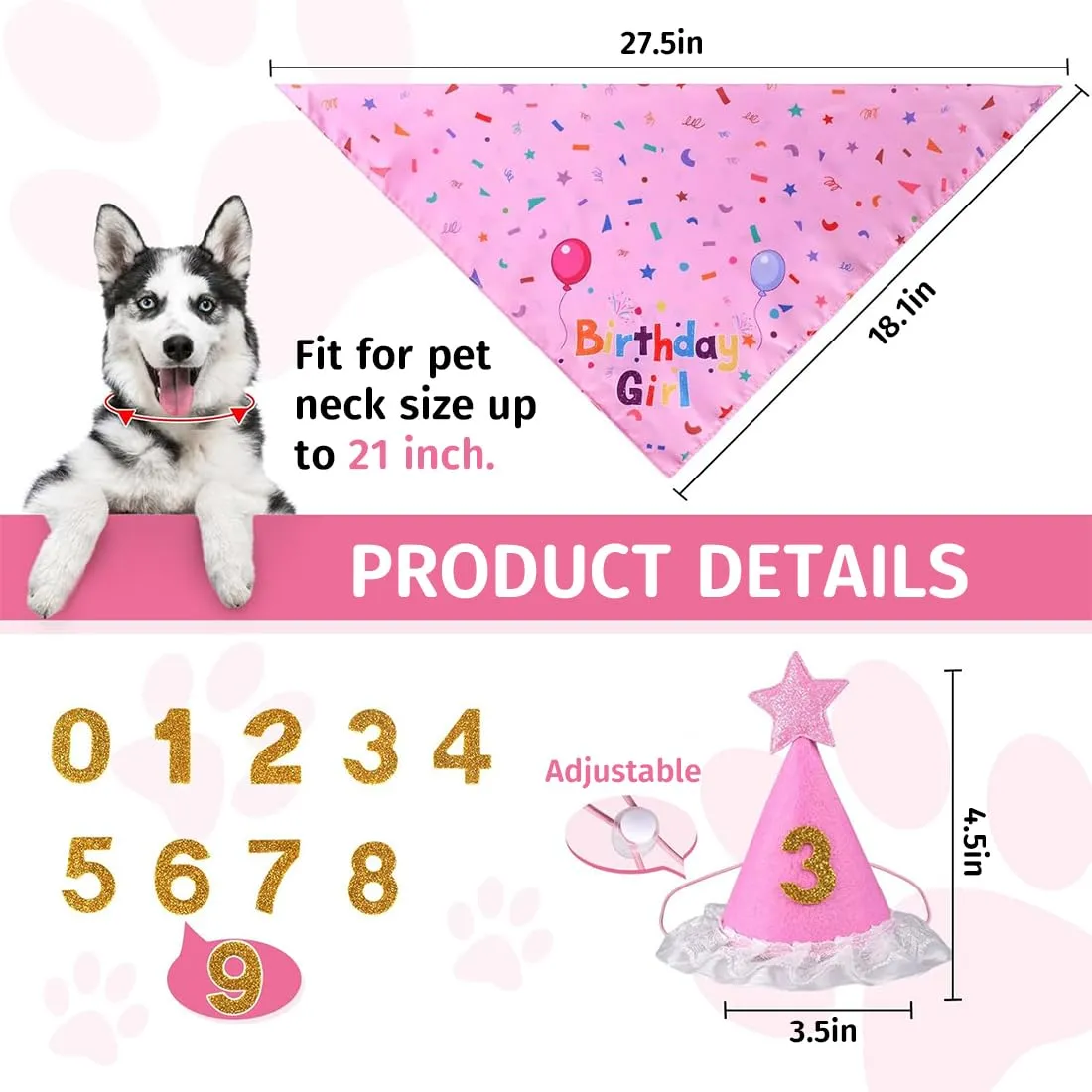 OIXEYA Set Compleanno per Cani con Bandana, Cappello e Adesivi Numerici, Rosa, Taglia L - immagine 6