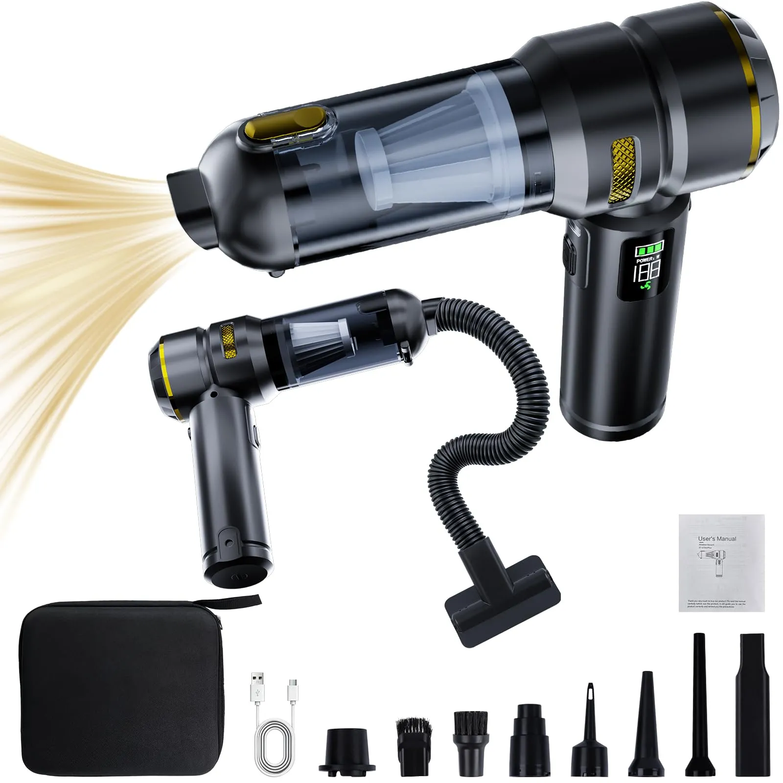 HOVIN Aspirabriciole Senza Fili 24000Pa, Aspirapolvere Auto Portatile con Motore Brushless, Aspiratore e Soffiatore (Nero e Oro) - immagine 1