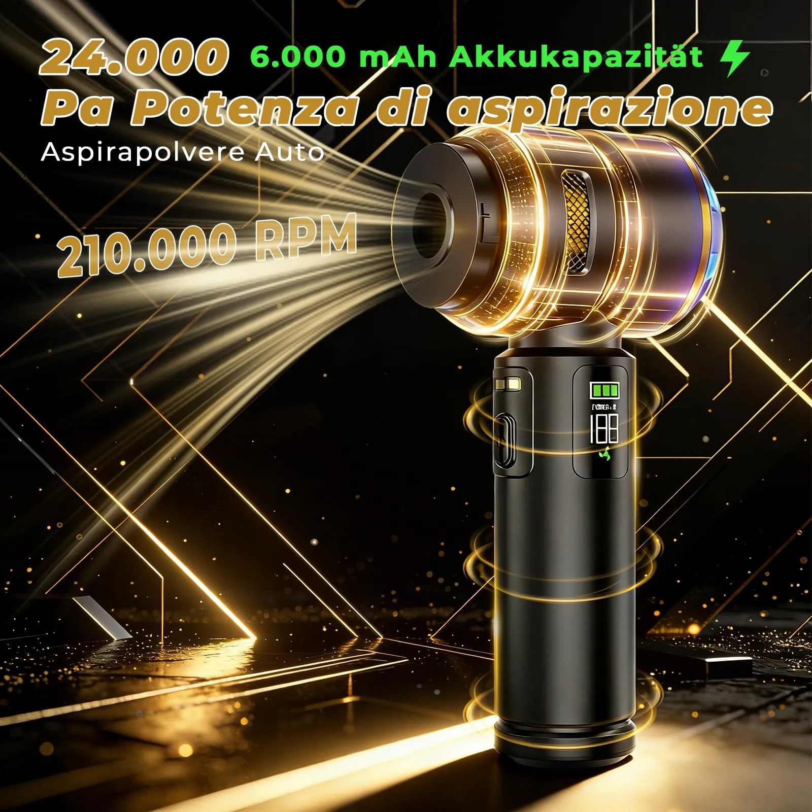 HOVIN Aspirabriciole Senza Fili 24000Pa, Aspirapolvere Auto Portatile con Motore Brushless, Aspiratore e Soffiatore (Nero e Oro) - immagine 2